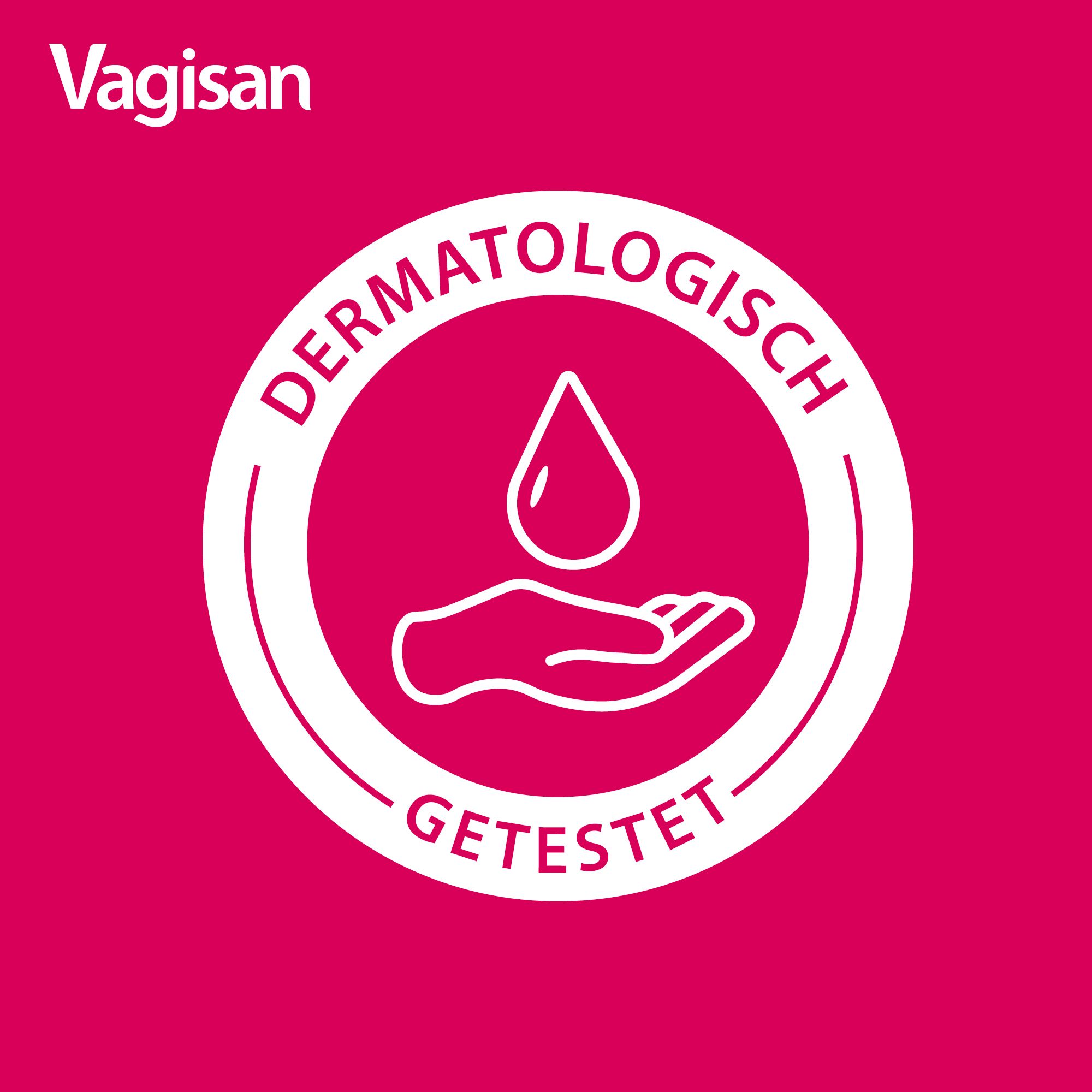 Fond rose avec cercle blanc. Main et goutte. Texte: Testé dermatologiquement. Marque: Vagisan.