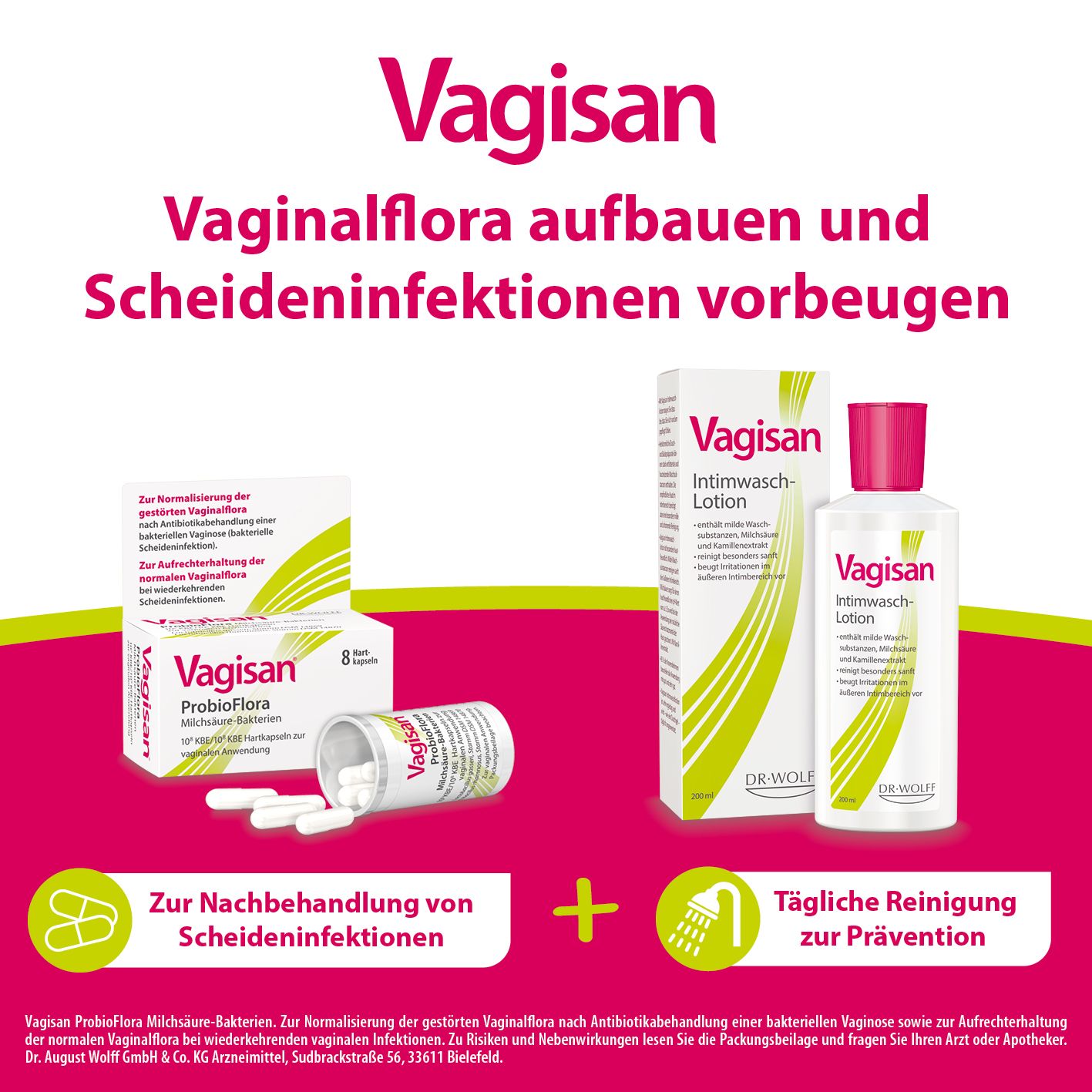 Image du produit. Produits Vagisan: Intimwaschlotion, ProBioFlora et autres. Texte: Construire la flore vaginale et prévenir les infections vaginales.