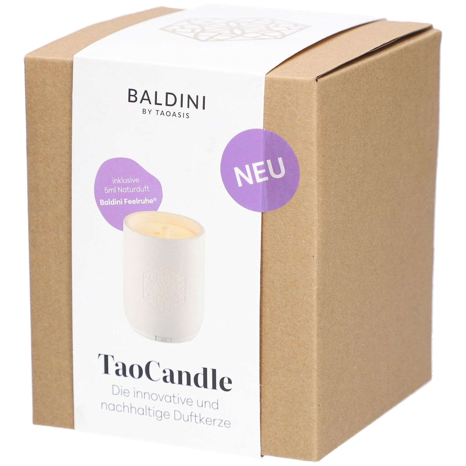 Emballage en carton avec TaoCandle. Autocollant avec nom du produit, marque Baldini et mention "NEU".