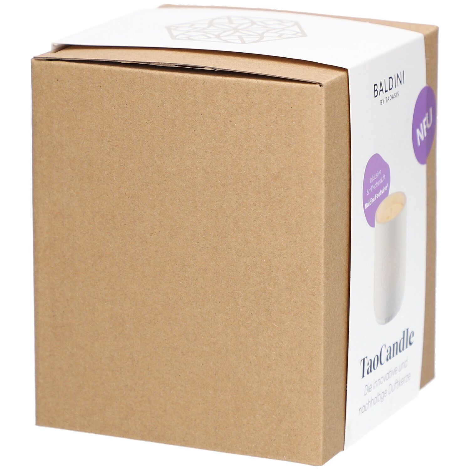 Emballage en carton avec TaoCandle. Autocollant avec nom du produit, marque Baldini et mention "NEU".