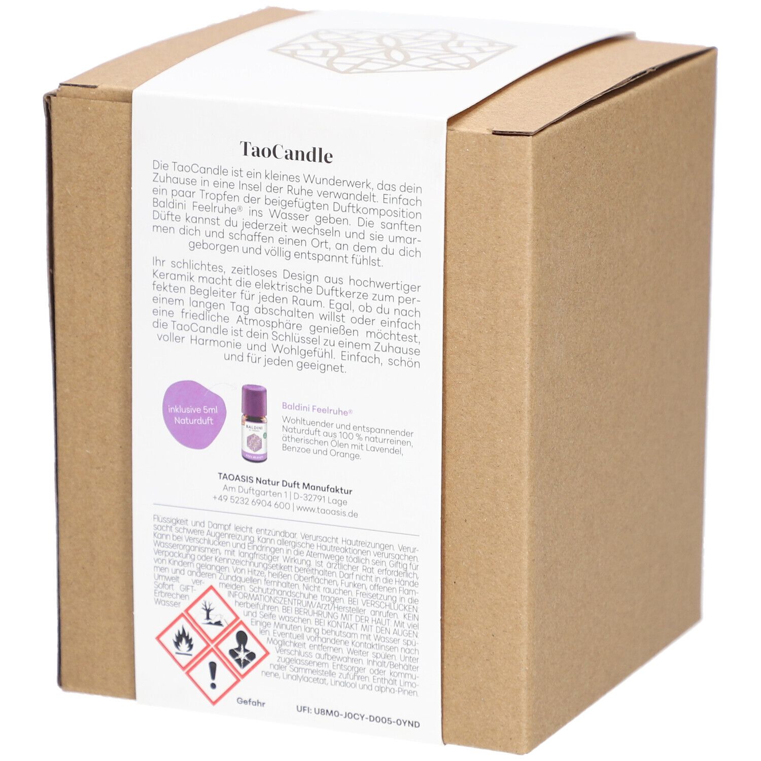 Emballage en carton avec informations sur le produit et ingrédients. Marque Baldini et TaoCandle.