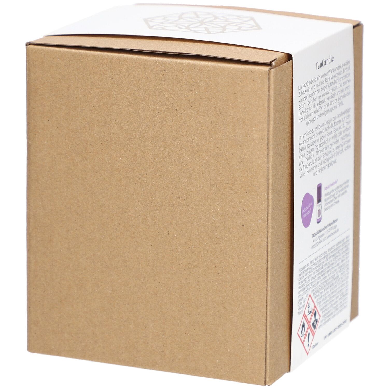 Emballage en carton avec informations sur le produit. Marque Baldini et TaoCandle.
