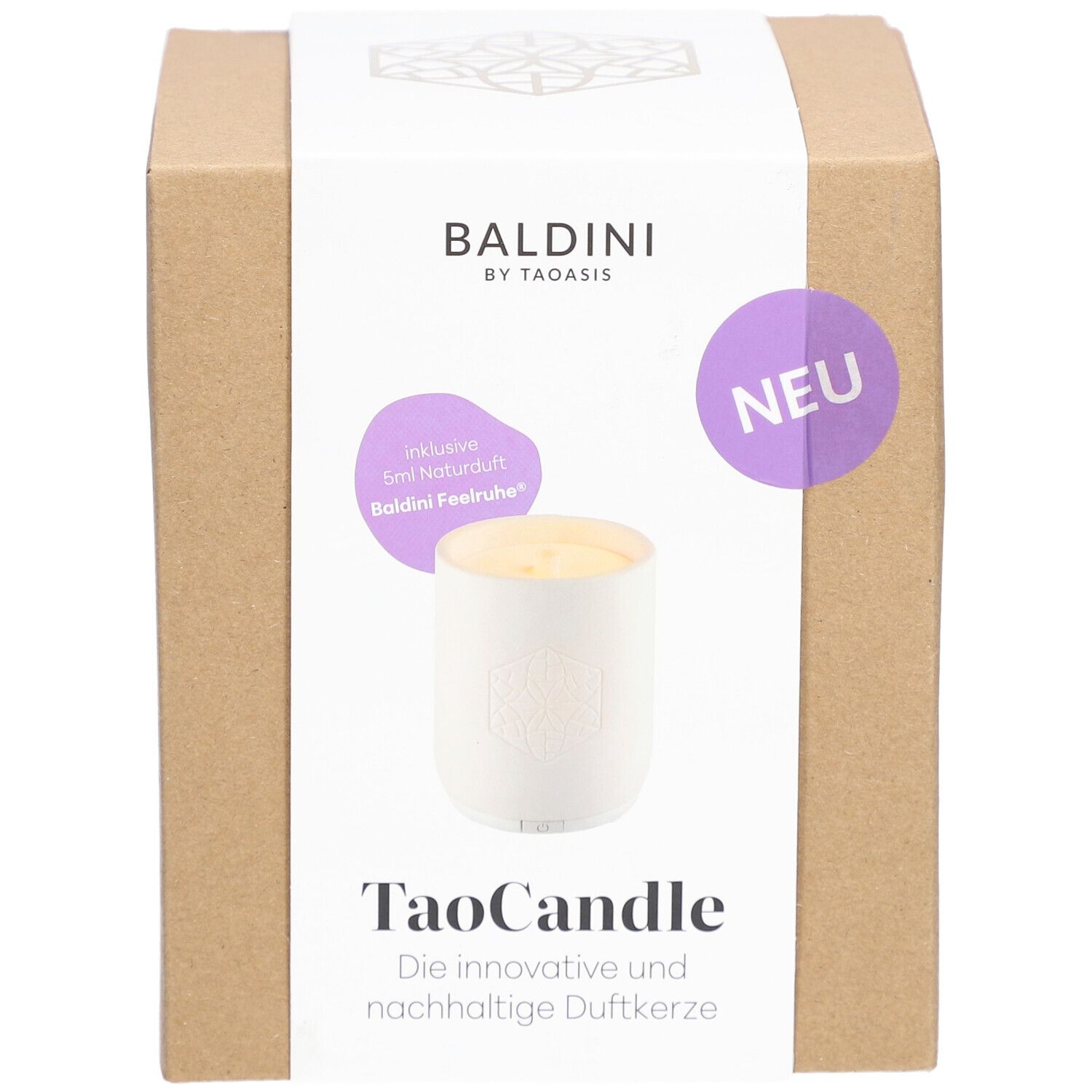 Emballage en carton avec TaoCandle. Autocollant avec nom du produit, marque Baldini et mention "NEU".