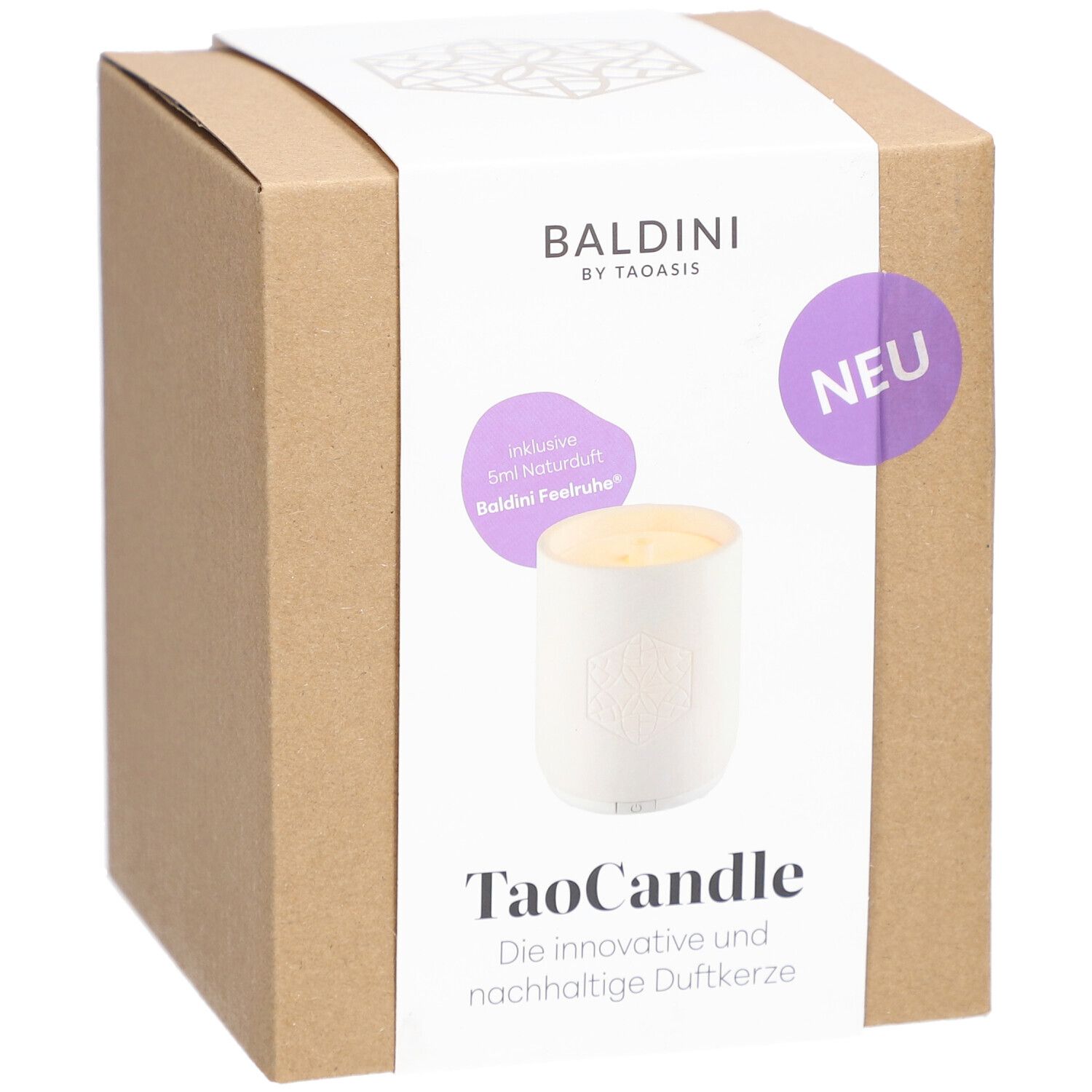 Emballage en carton avec TaoCandle. Autocollant avec nom du produit, marque Baldini et mention "NEU".