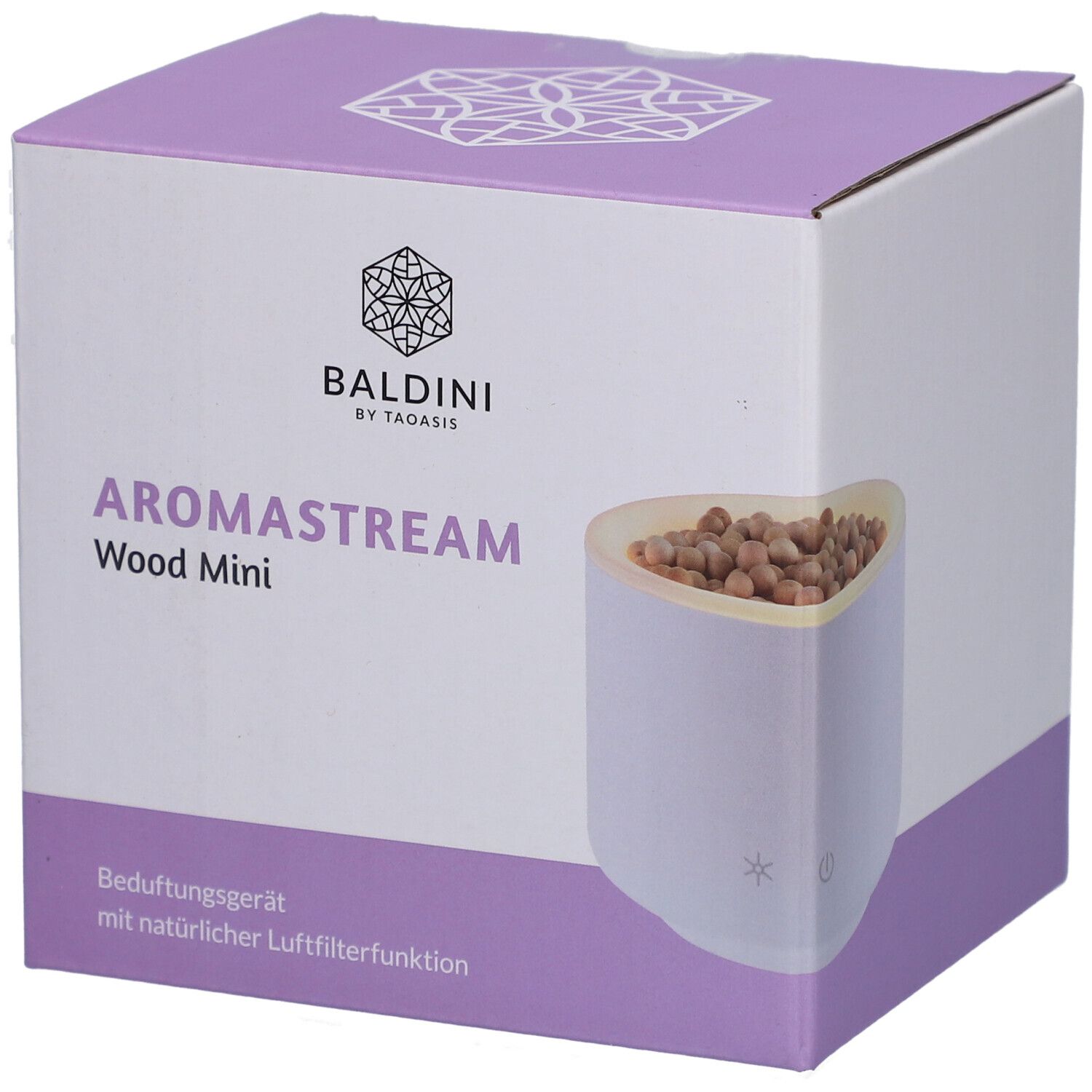 Emballage du produit. Baldini AromaStream Wood Mini, blanc. Inscription : AromaStream, Wood Mini. Illustration de l'appareil avec filtre en bois.