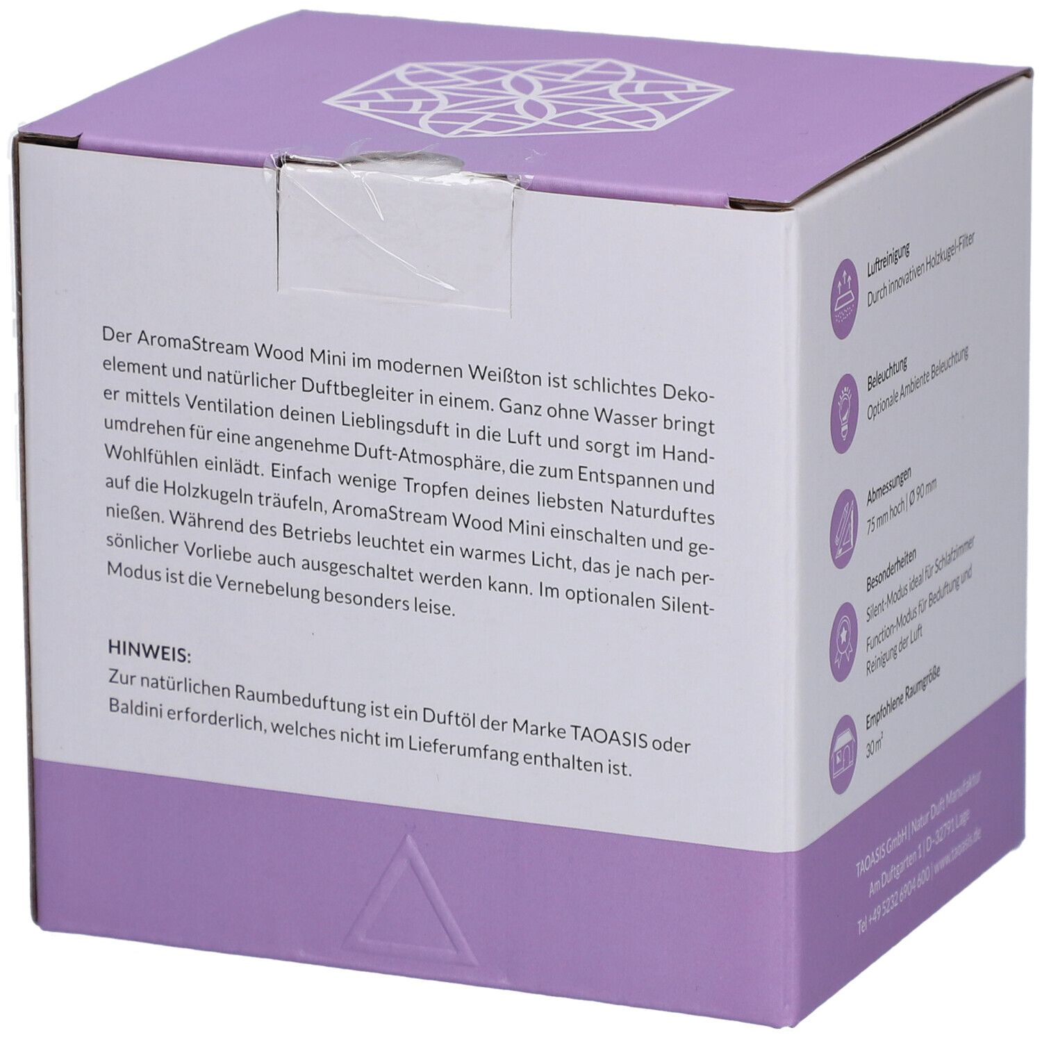 Emballage du produit. Le texte décrit le produit et ses fonctions. Remarque : utiliser uniquement avec l'huile parfumée TAOASIS ou Baldini.