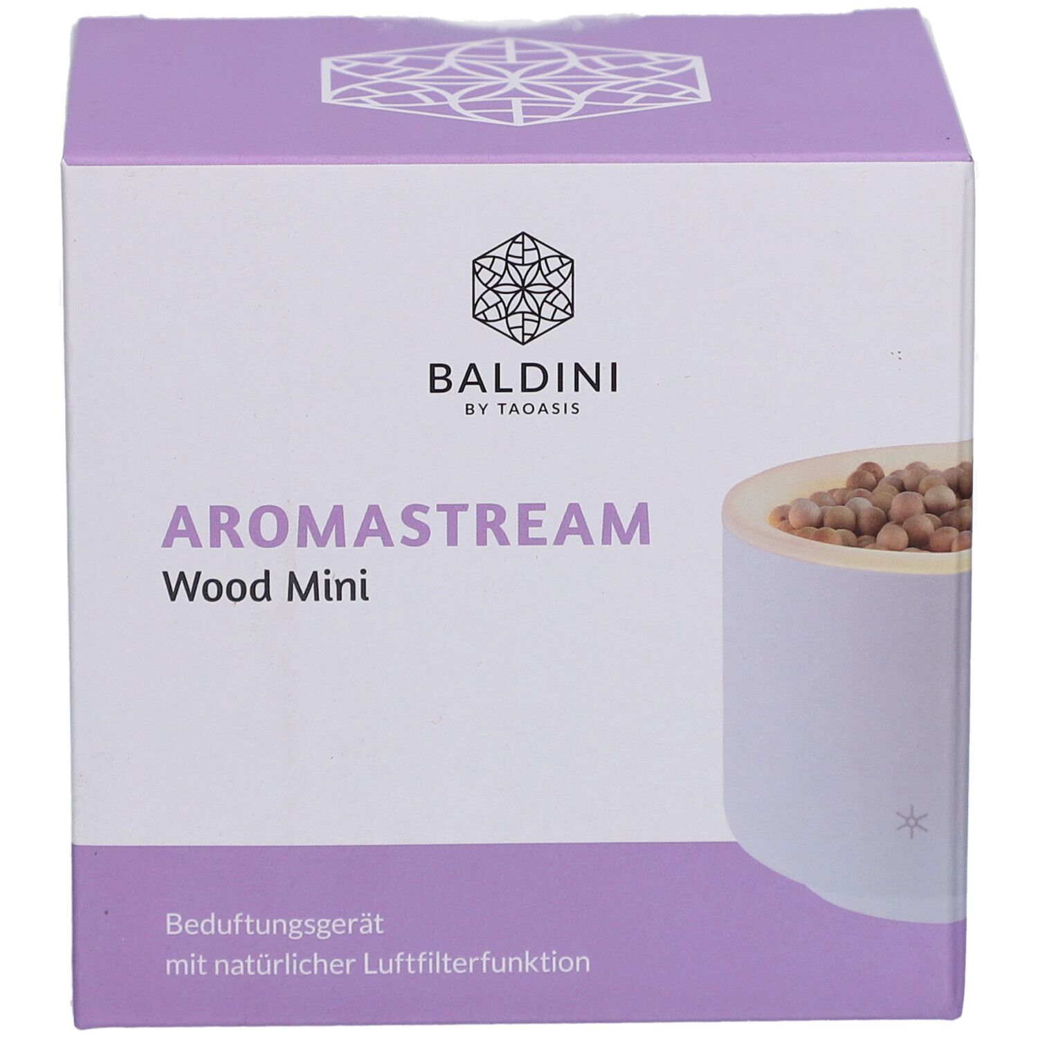 Emballage du produit. Baldini AromaStream Wood Mini, blanc. Inscription : AromaStream, Wood Mini. Illustration de l'appareil avec filtre en bois.