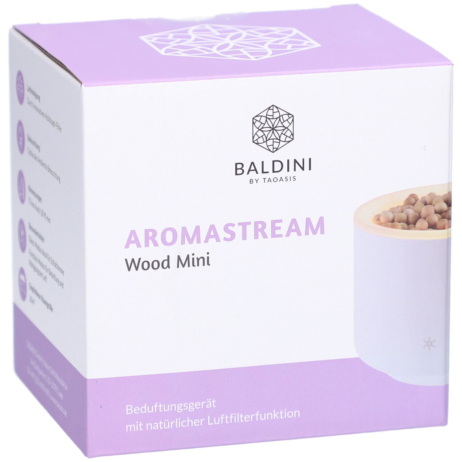 Emballage du produit. Baldini AromaStream Wood Mini, blanc. Inscription : AromaStream, Wood Mini. Illustration de l'appareil avec filtre en bois.