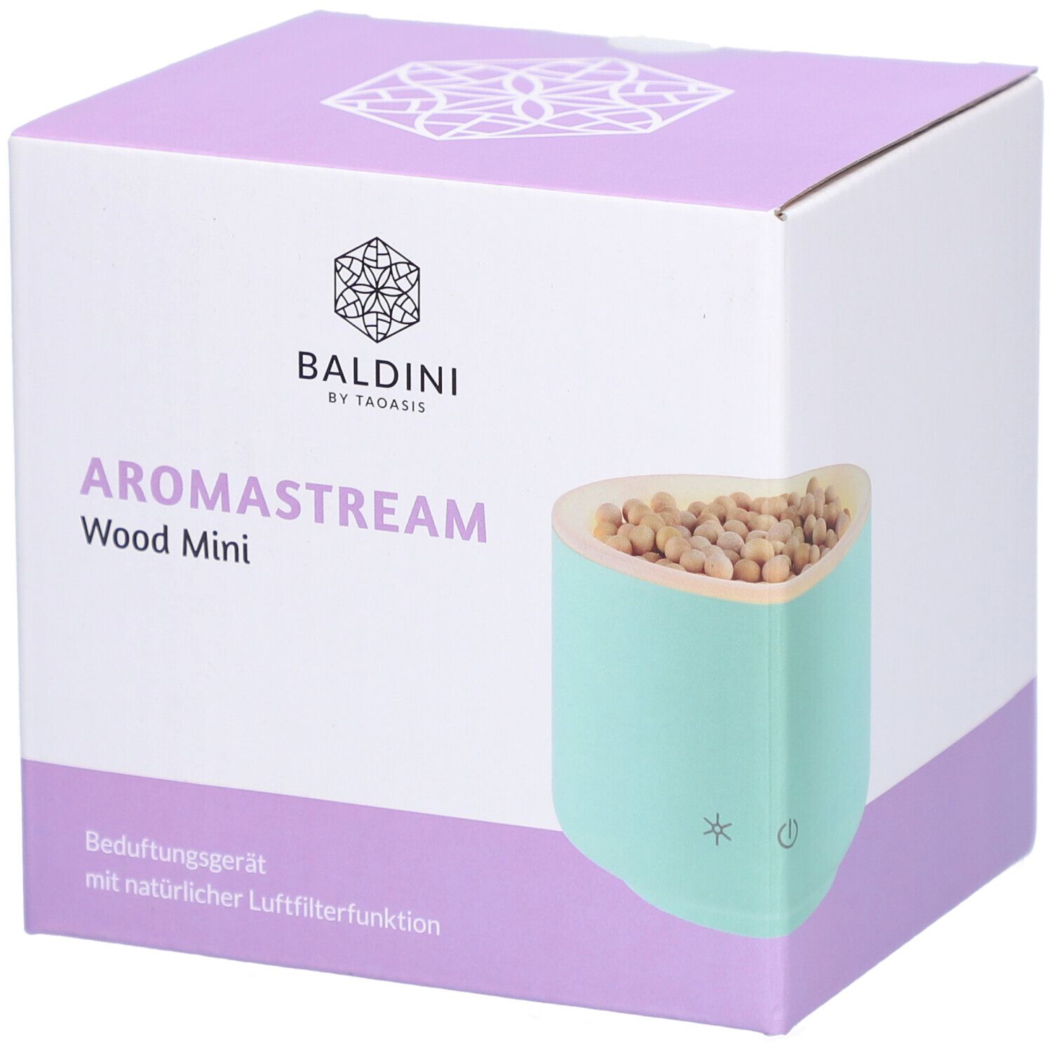 Boîte du AromaStream Wood Mini. Appareil vert menthe avec aspect bois et logo. Inscription: Baldini AromaStream Wood Mini.