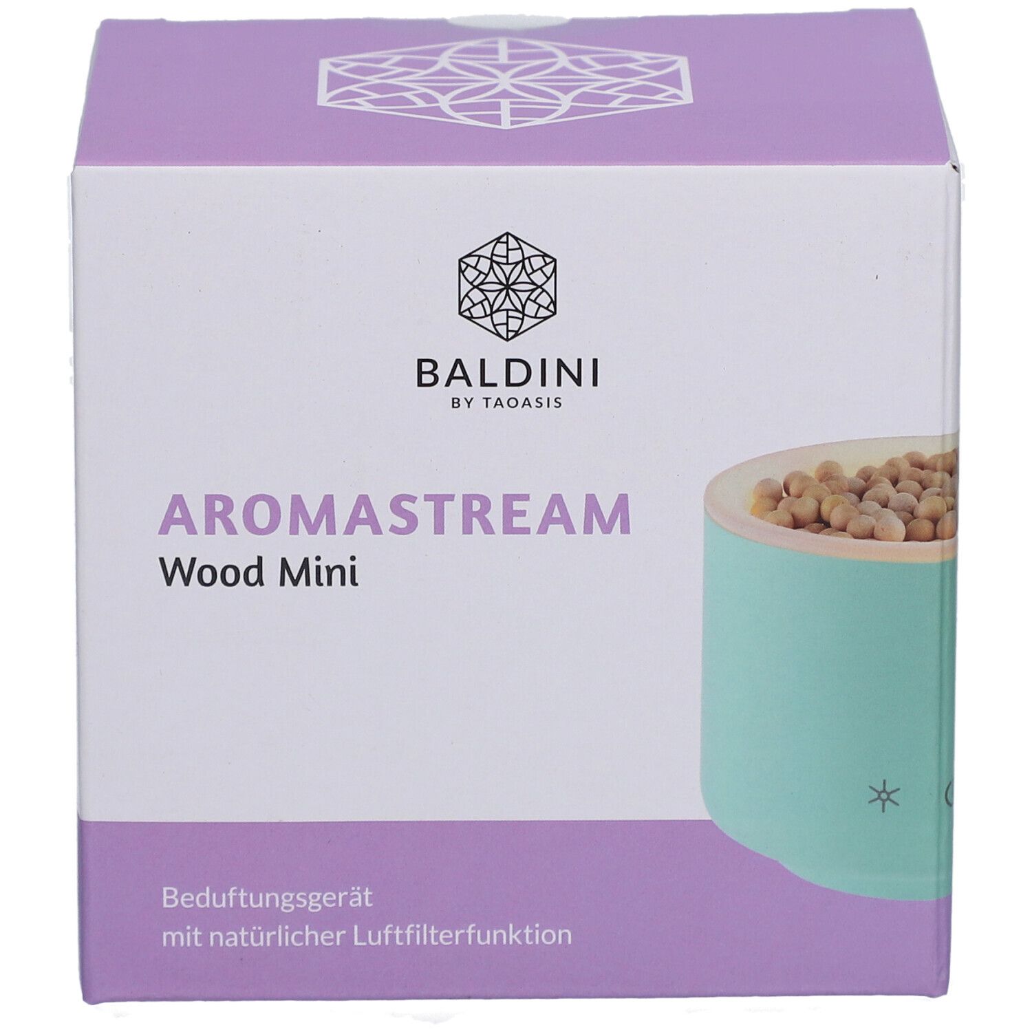 Boîte du AromaStream Wood Mini. Appareil vert menthe avec aspect bois. Logo: Baldini by Taoasis. Inscription: AromaStream Wood Mini.