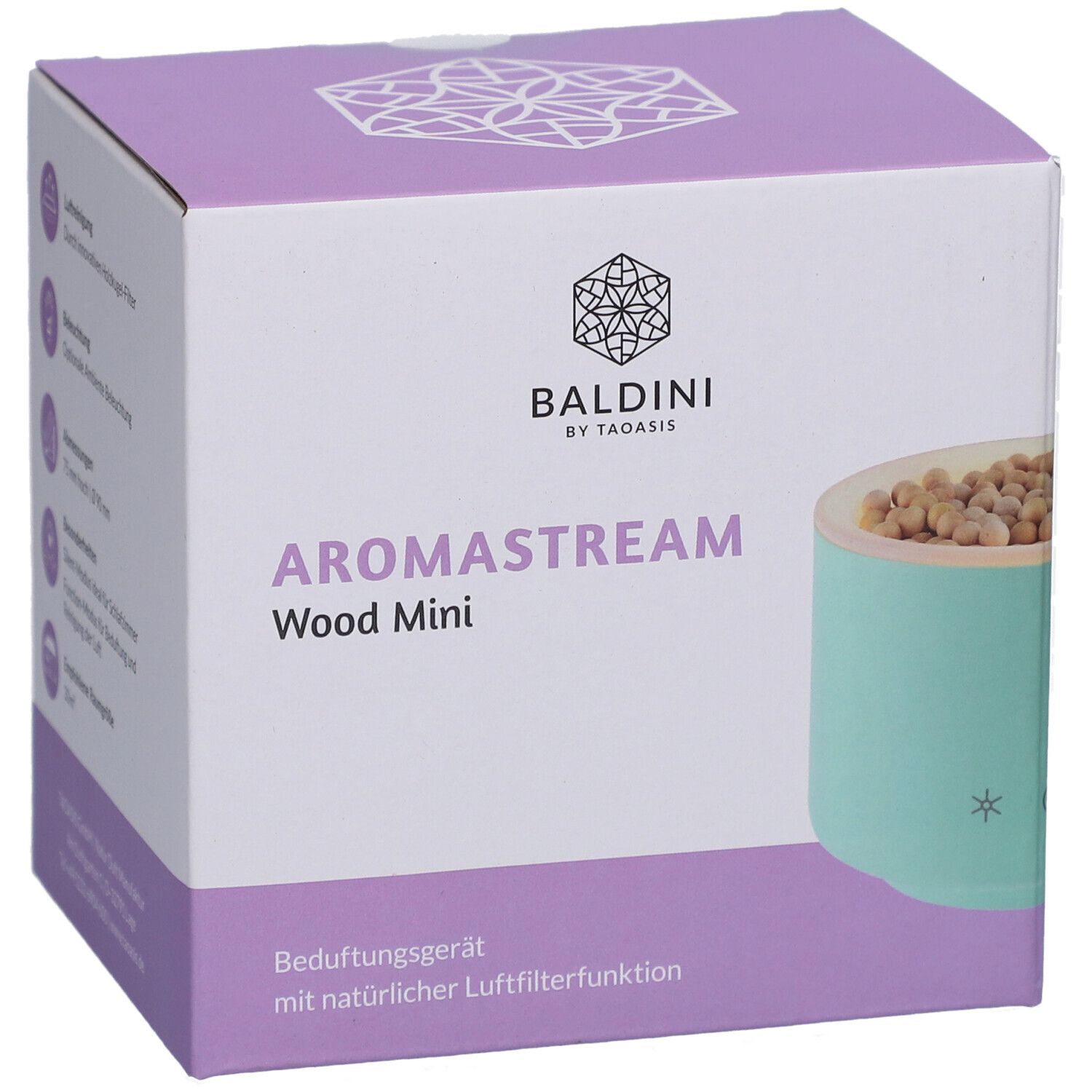 Boîte du AromaStream Wood Mini. Appareil vert menthe avec aspect bois. Logo: Baldini by Taoasis. Inscription: AromaStream Wood Mini.