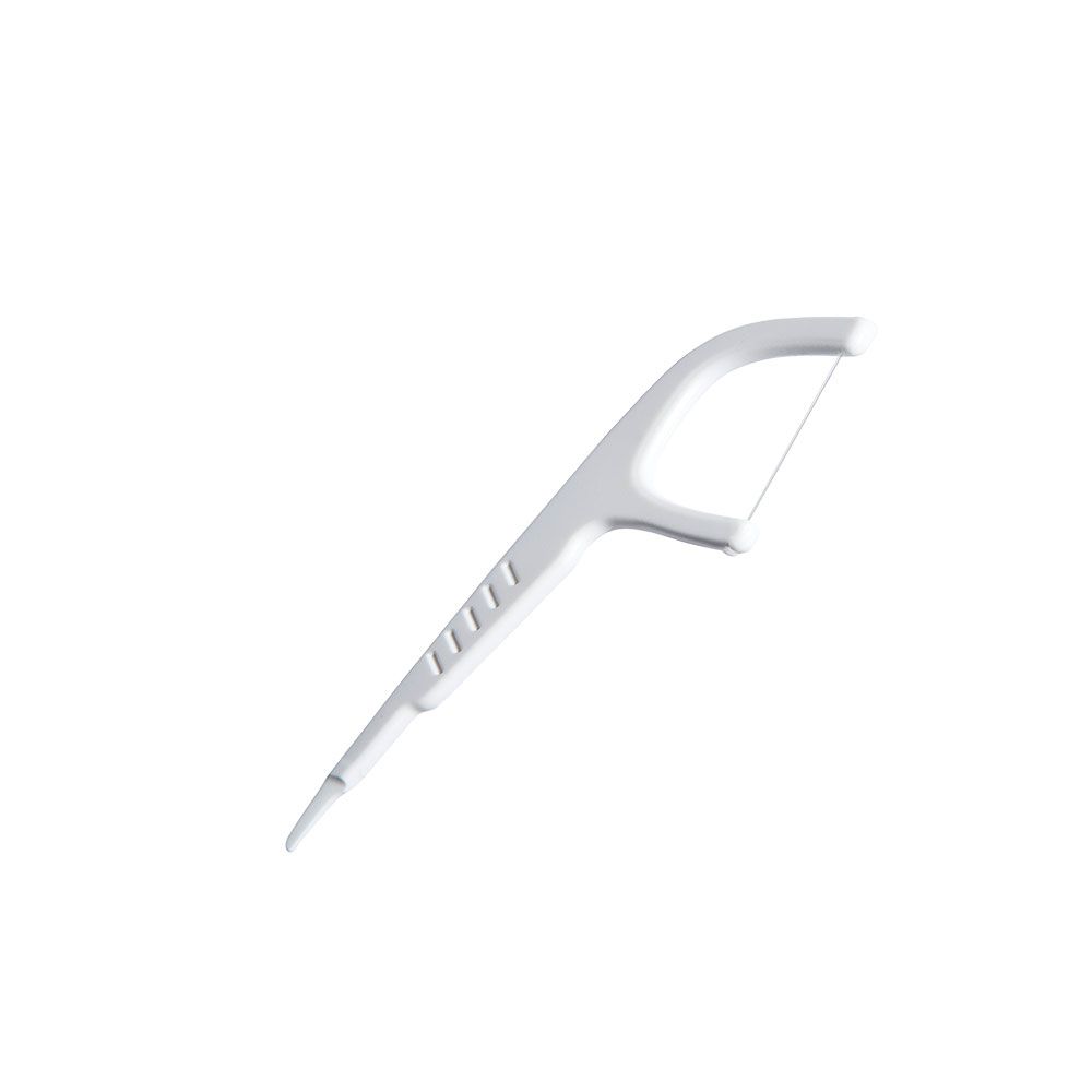 Zahnpick® 2en1 blanc. Une extrémité est un cure-dent, l'autre un fil.
