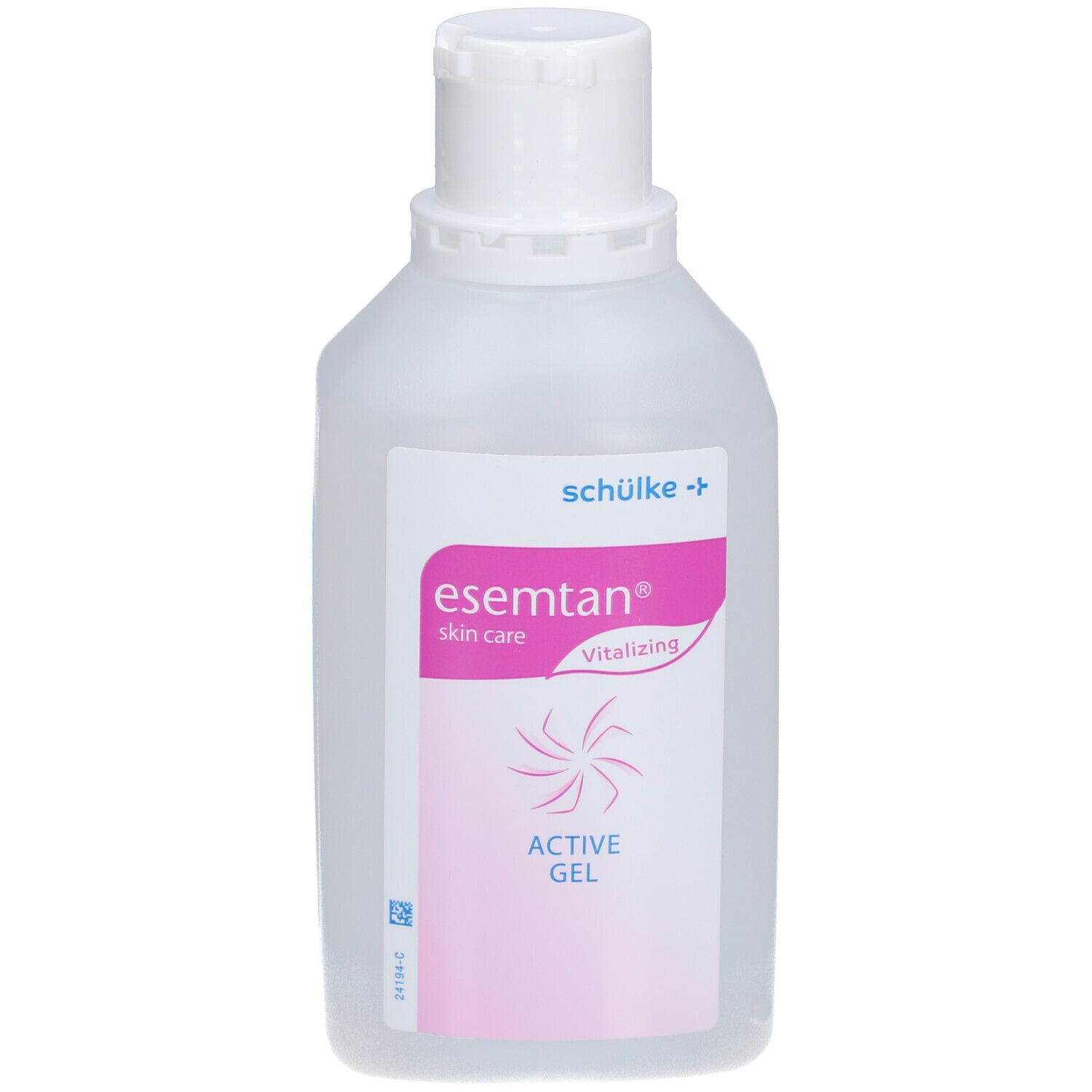 Flacon avec bouchon blanc. Étiquette rose avec "esemtan skin care" et "ACTIVE GEL".