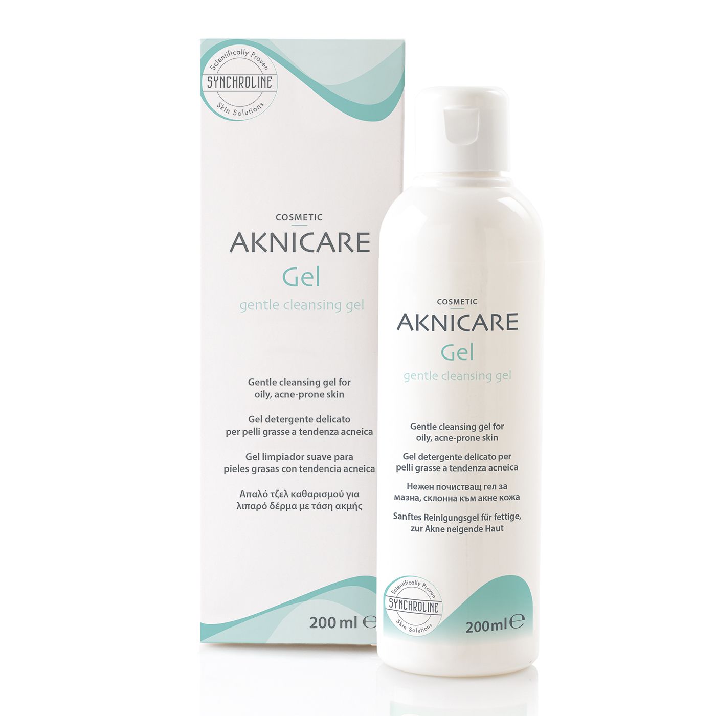 Flacon et boîte blancs. Nom du produit et texte. 200ml. Pour peaux grasses à tendance acnéique.