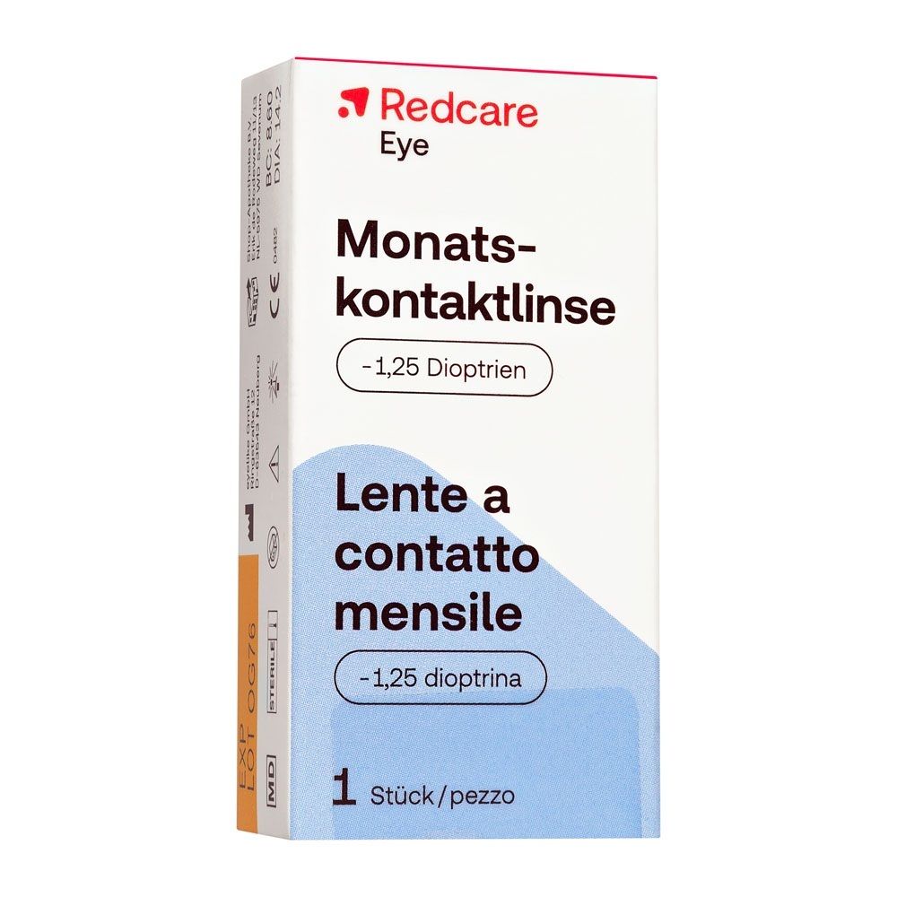 Emballage d'une lentille de contact mensuelle, -1,25 dioptries, 1 pièce, avec informations produit sur le côté.