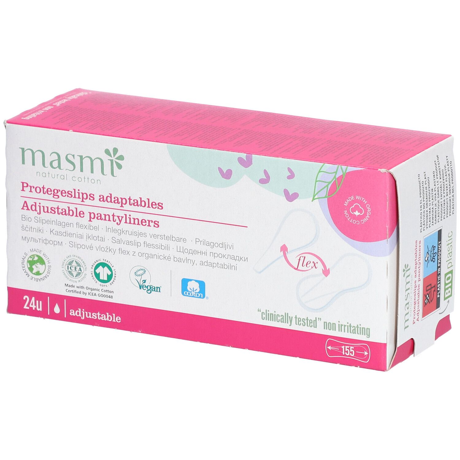 Boîte de protège-slips. Emballage rose et blanc avec nom du produit et logos. 24 unités, flexibles, ajustables.