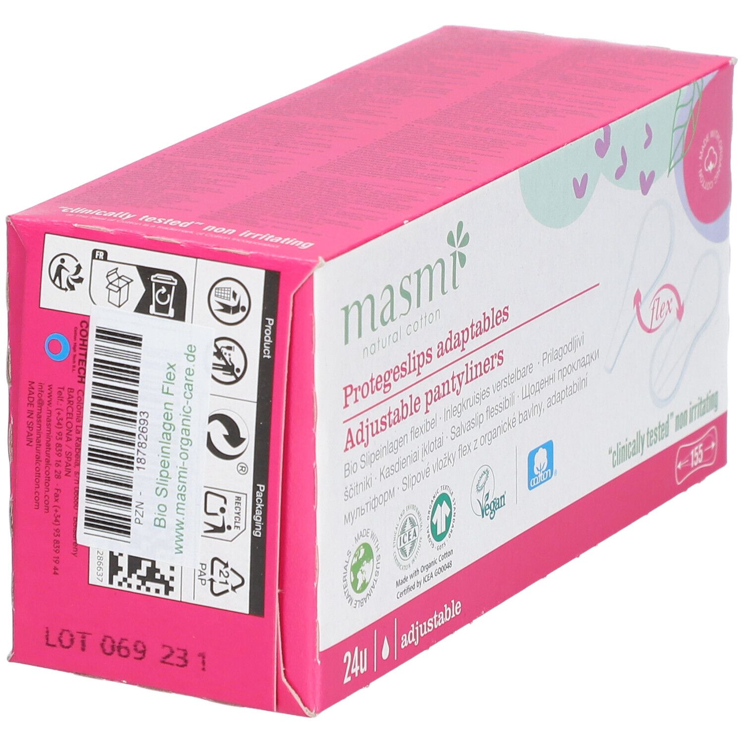 Boîte de protège-slips. Emballage rose et blanc avec nom du produit et logos. Dos avec informations.