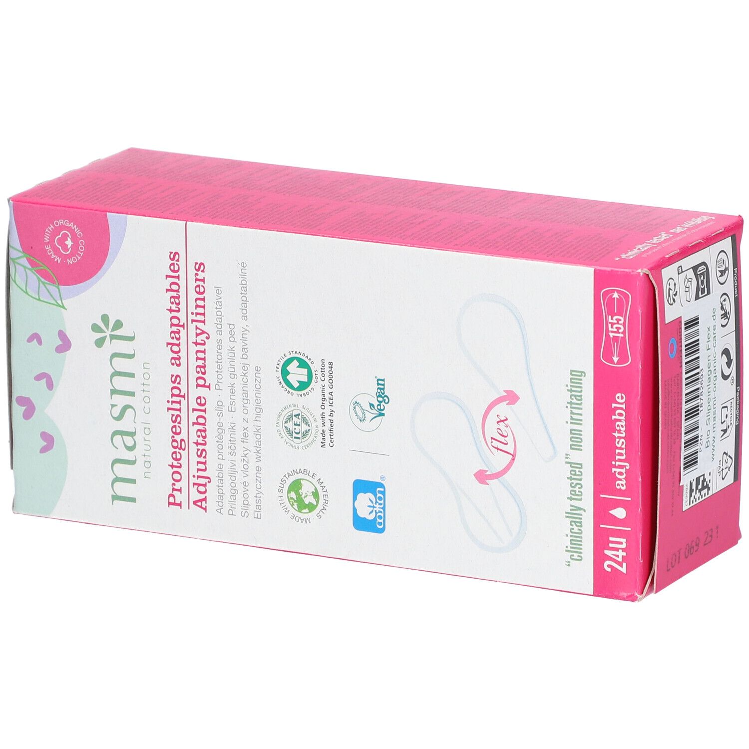 Boîte de protège-slips. Emballage rose et blanc avec nom du produit et logos. Vue latérale.