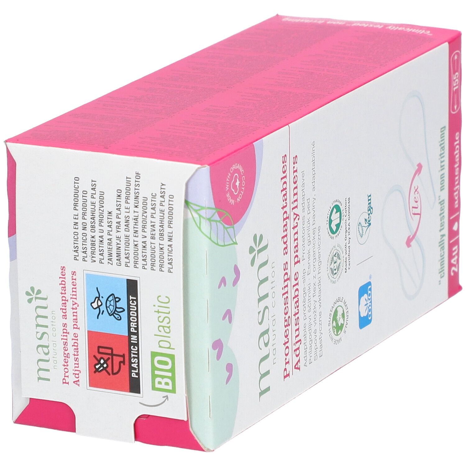 Boîte de protège-slips. Emballage rose et blanc avec nom du produit et logos. Vue oblique.