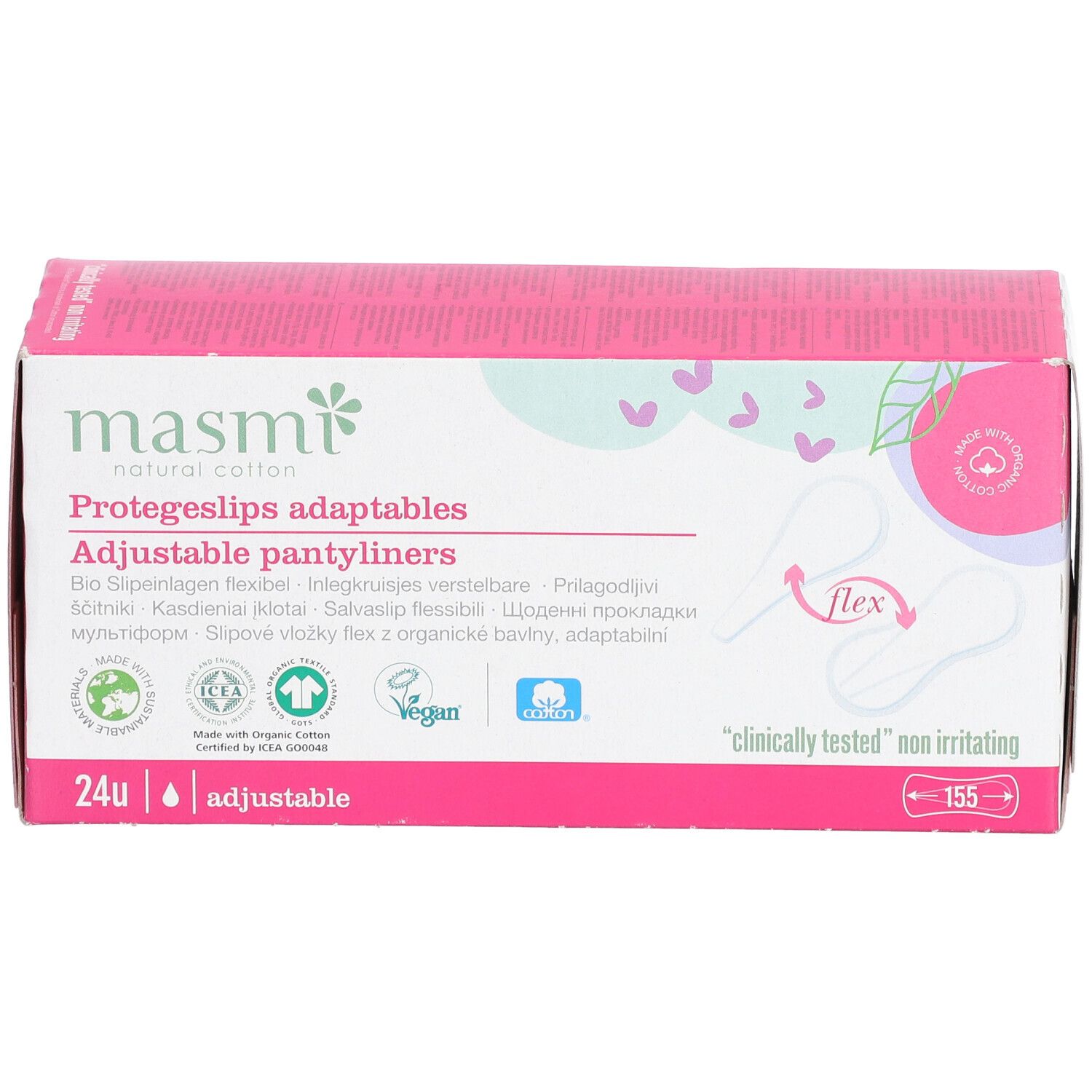 Boîte de protège-slips. Emballage rose et blanc avec nom du produit et logos. 24 unités, flexibles, ajustables.
