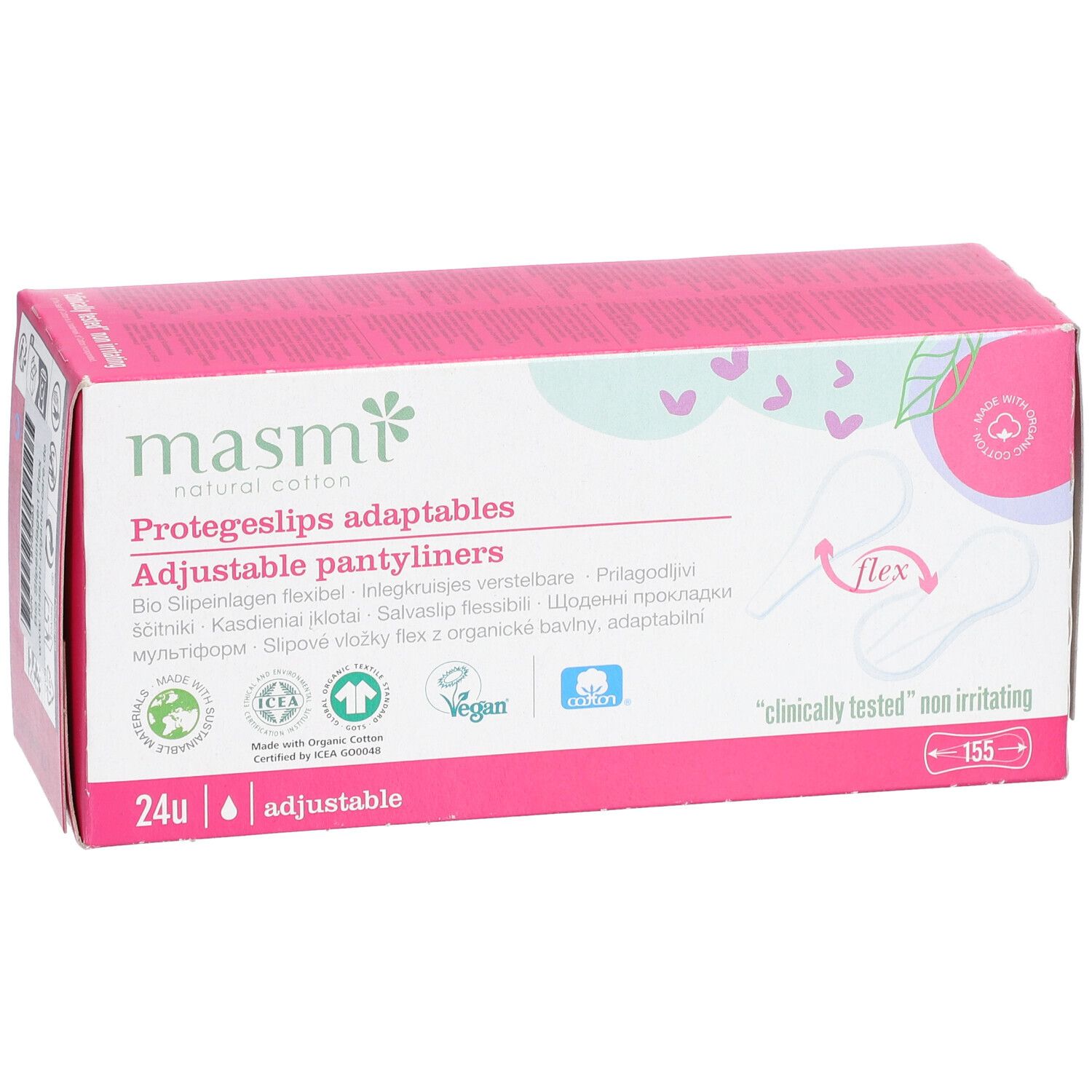 Boîte de protège-slips. Emballage rose et blanc avec nom du produit et logos. 24 unités, flexibles, ajustables.