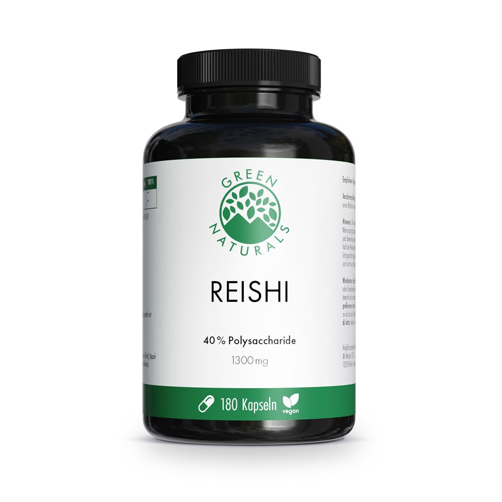 Gélules Green Naturals Reishi : 180 gélules, 1300 mg, 40% polysaccharides.