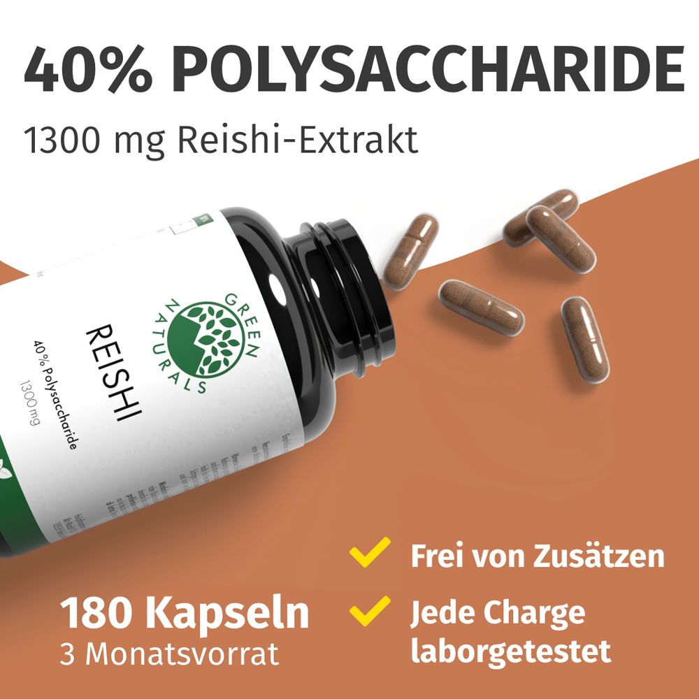 Gélules Green Naturals Reishi : 180 gélules, extrait de reishi 1300 mg, 40% polysaccharides.