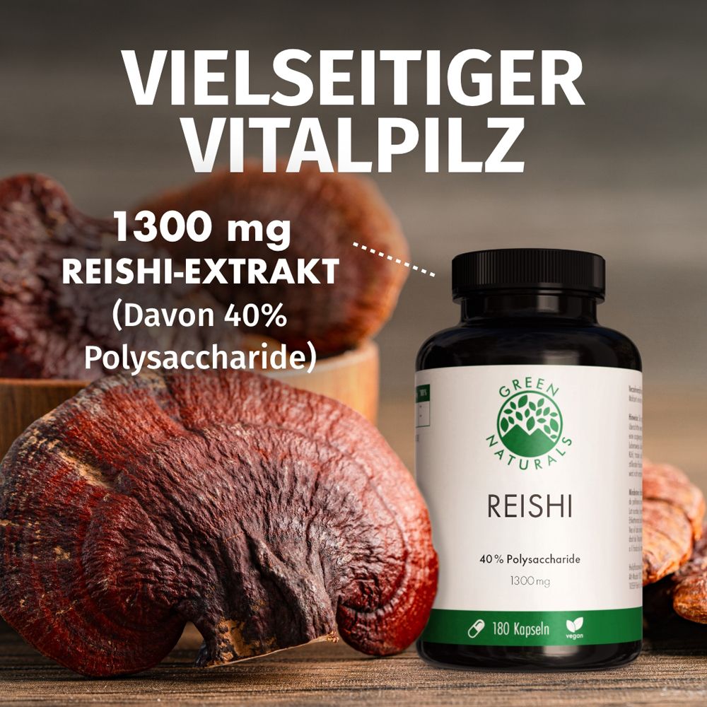 Champignons Reishi et gélules Green Naturals Reishi : 1300 mg d'extrait de reishi, 40% polysaccharides.