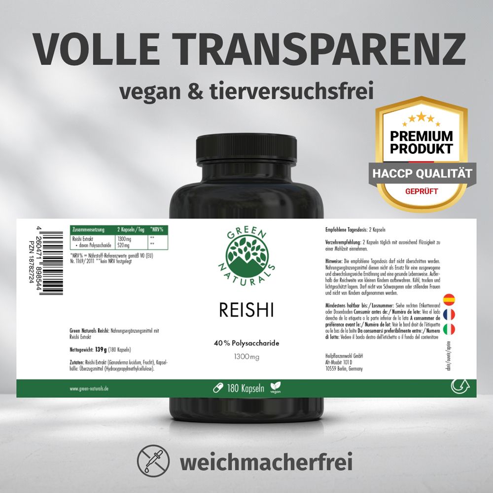 Gélules Green Naturals Reishi : Étiquette de bouteille avec ingrédients, valeurs nutritionnelles et sceaux.