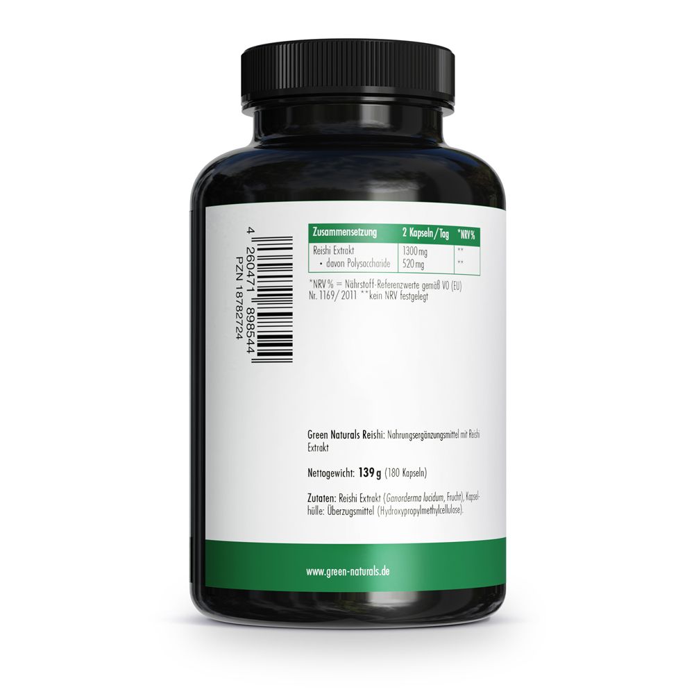Arrière de la bouteille de gélules Green Naturals Reishi : informations nutritionnelles et ingrédients.