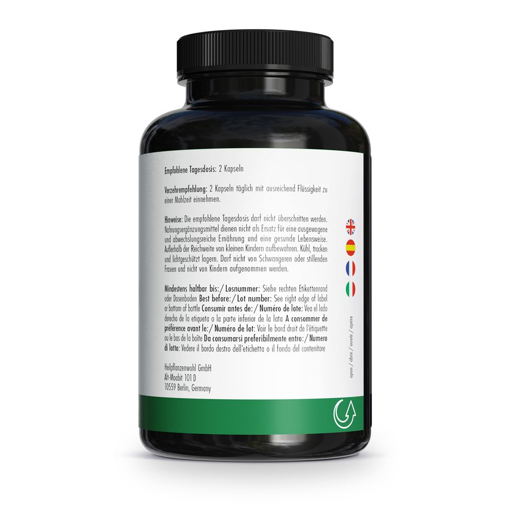 Arrière de la bouteille de gélules Green Naturals Reishi : dose quotidienne recommandée et avertissements.
