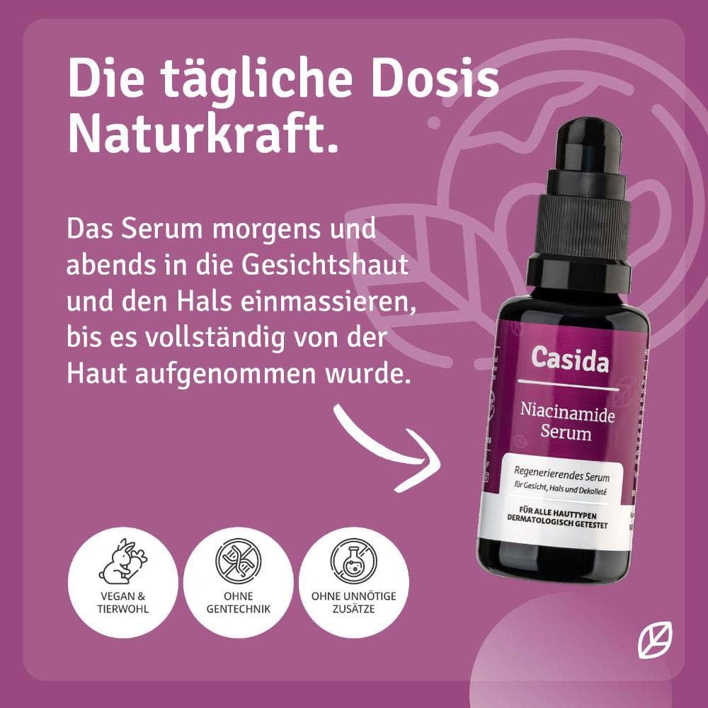 Flacon de sérum. Inscription : Casida Niacinamide Serum. Vegan & bien-être animal, sans génie génétique, sans additifs inutiles.