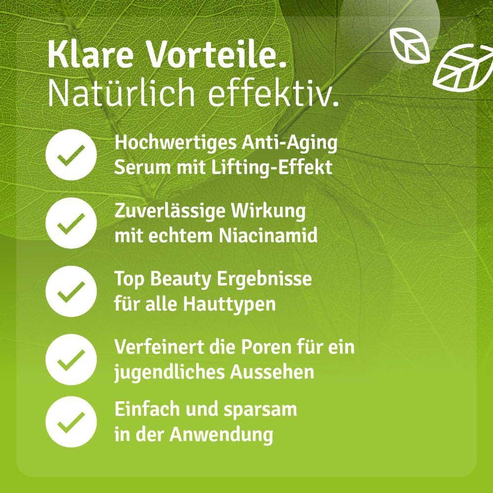 Inscription : Sérum anti-âge de haute qualité avec effet lifting. Effet fiable avec du vrai niacinamide. Testé dermatologiquement.