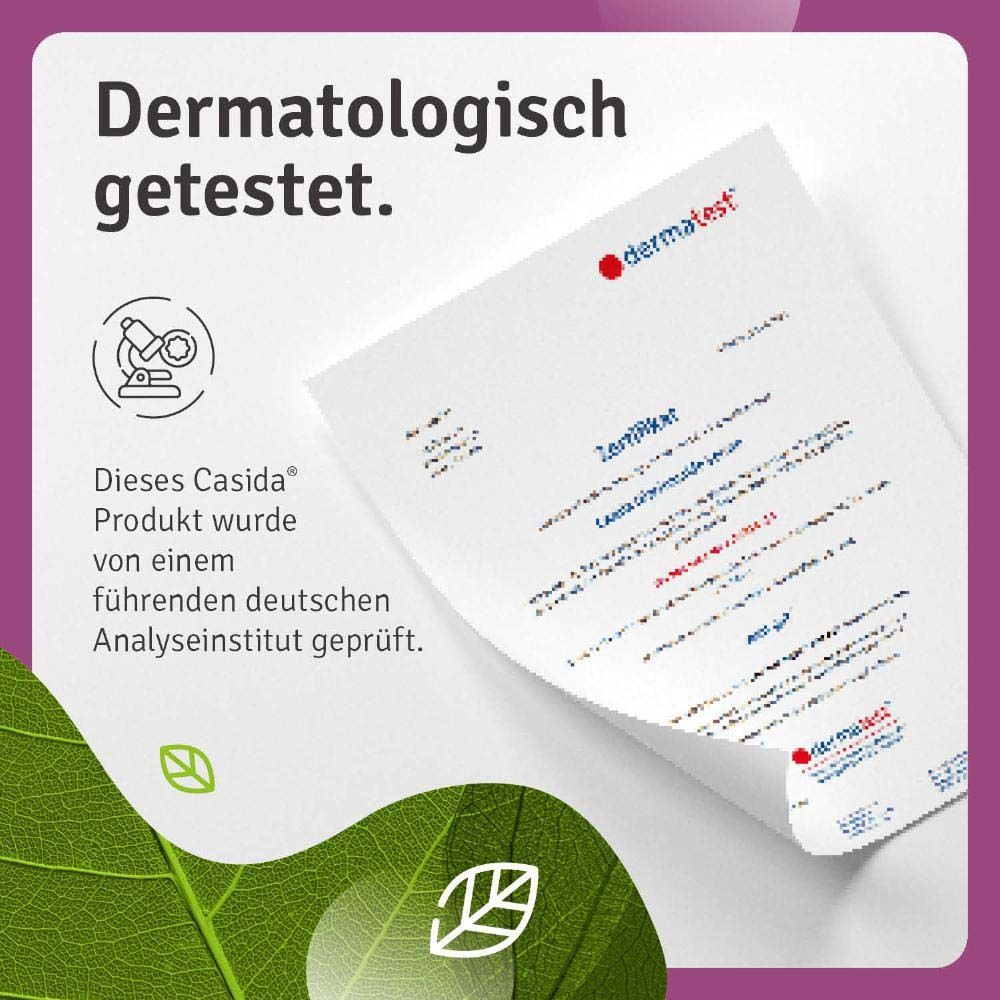 Certificat. Inscription : Testé dermatologiquement. Ce produit Casida a été testé par un institut d'analyse allemand de premier plan.