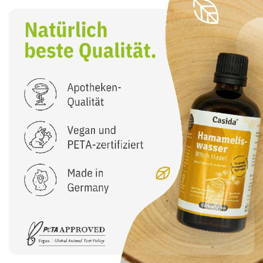Utilisation de l'eau d'hamamélis. Texte et flacon du produit. Convient pour le visage, le cuir chevelu et après-rasage.