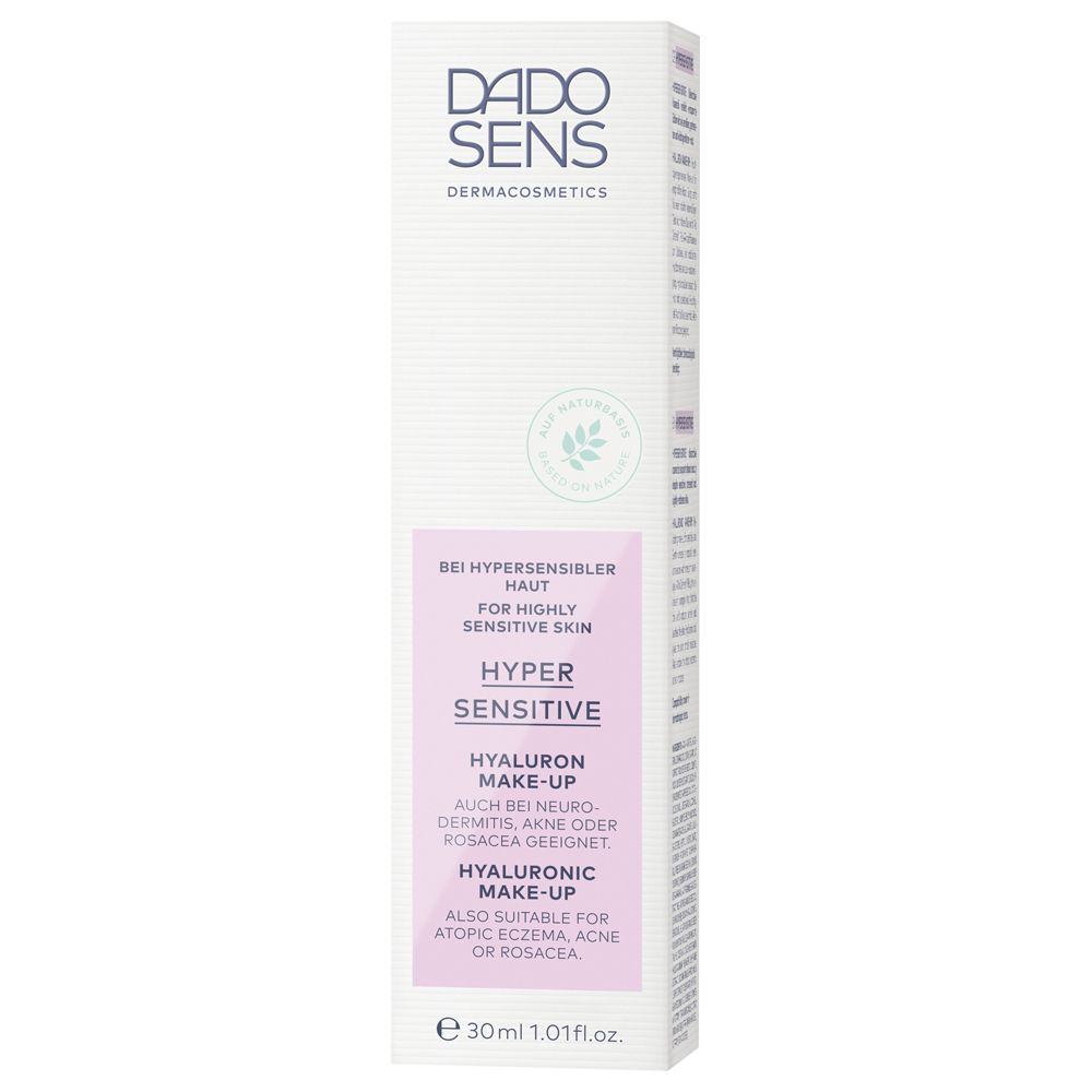 Emballage DADO SENS HYPERSENSITIVE Hyaluron Make-up. Blanc-rose, texte: HYPER SENSITIVE, HYALURON MAKE-UP. Convient aussi pour eczéma.