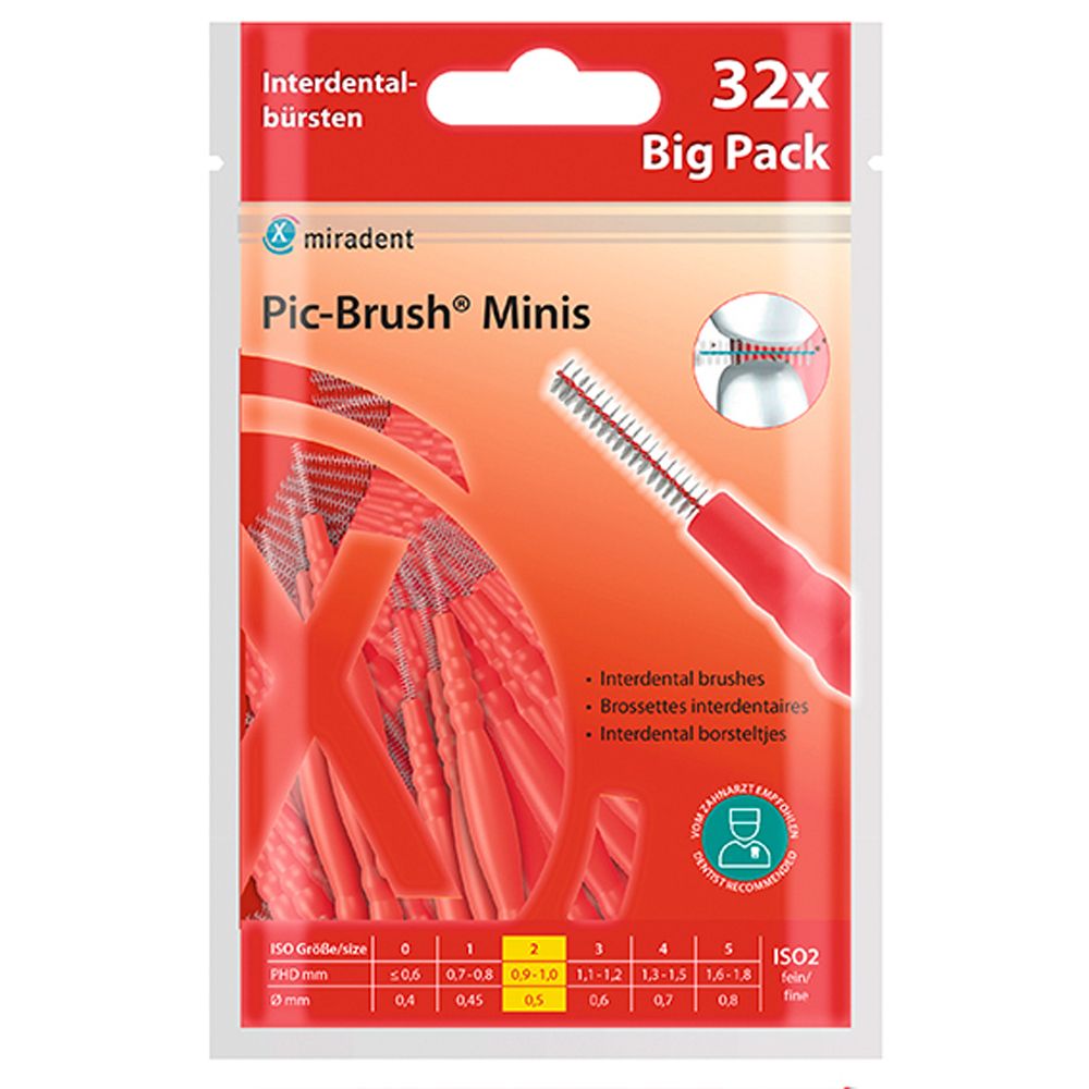 Paquet de miradent Pic-Brush Minis. Contient 32 brosses interdentaires. Brosses rouges dans un emballage transparent. Indications de taille ISO.