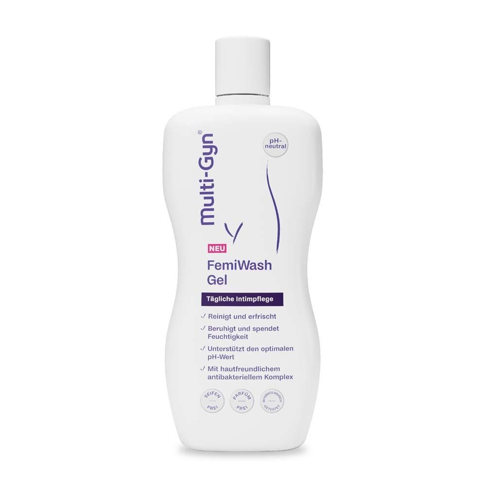Flacon blanc Multi-Gyn FemiWash Gel. pH neutre. Texte: Soin intime quotidien. Nettoie, rafraîchit, apaise, hydrate.