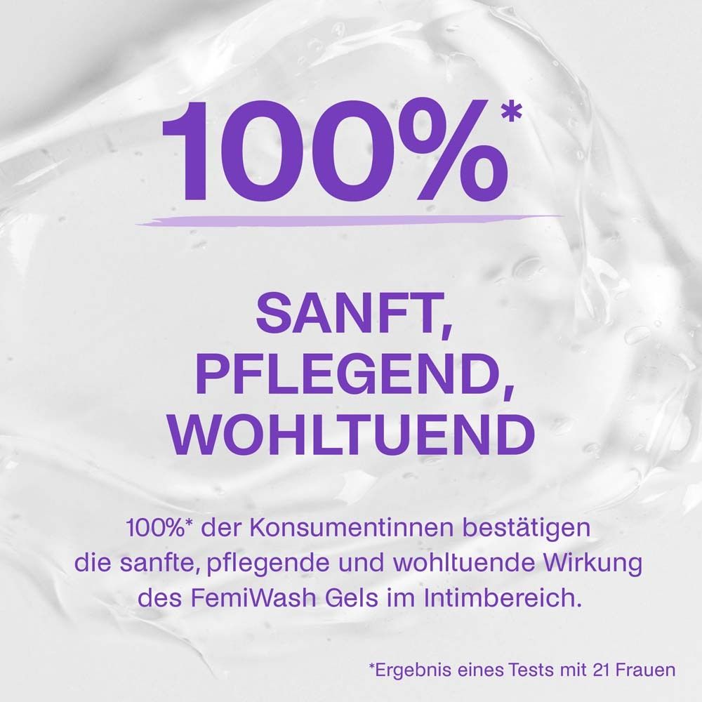 Texte: 100% confirment l'effet doux, soignant et bénéfique du gel FemiWash dans la zone intime. Résultat d'un test.