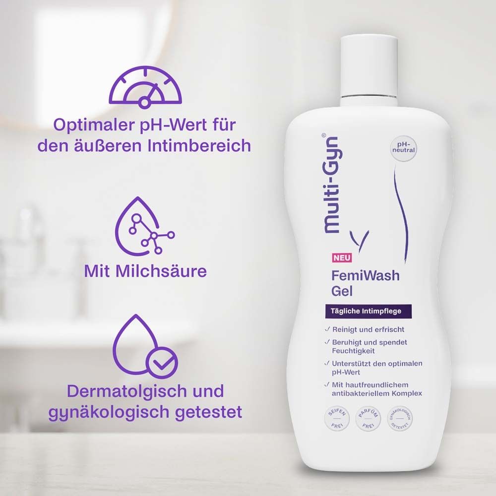 Flacon Multi-Gyn FemiWash Gel. Texte: Soin intime quotidien. Avec acide lactique. Testé dermatologiquement et gynécologiquement.