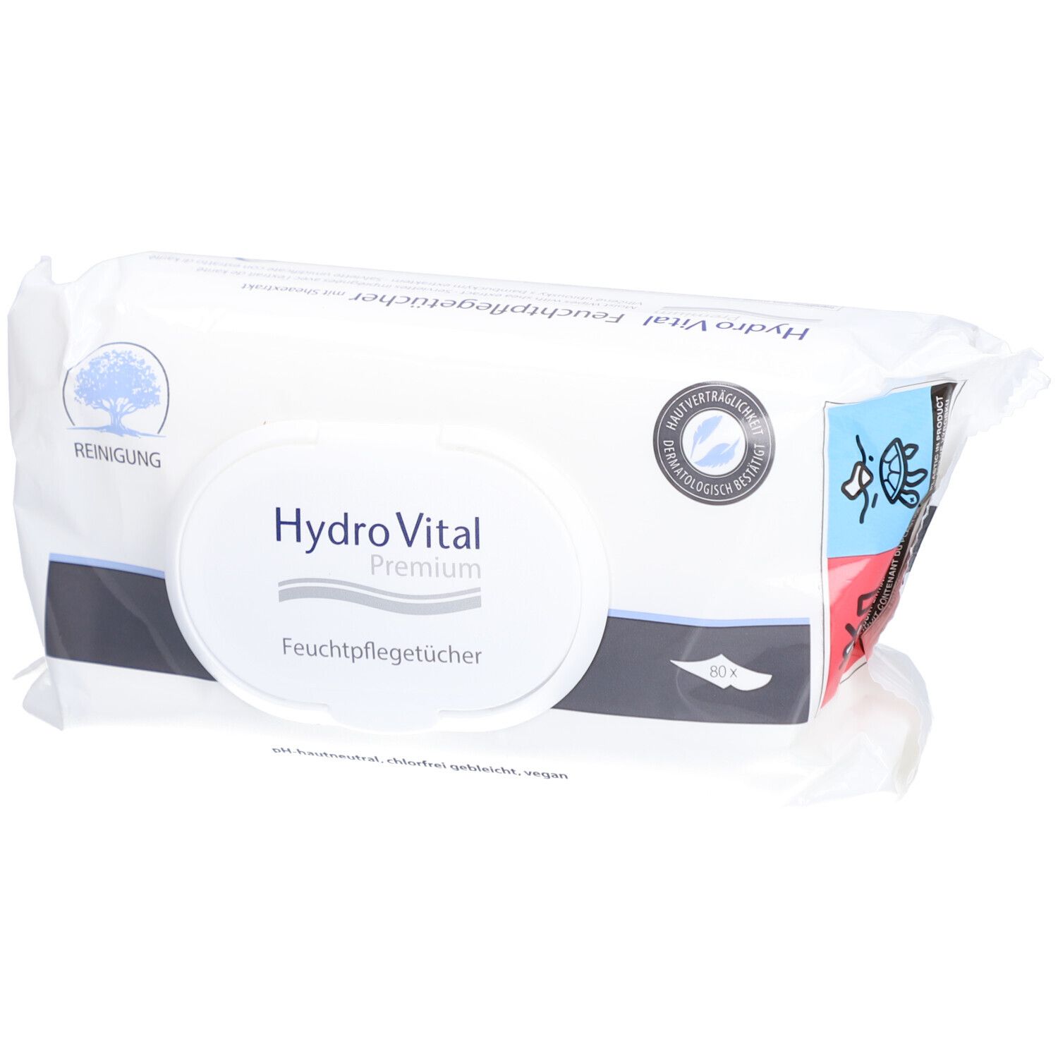Paquet de lingettes humides blanches. Inscription "Hydro Vital Premium Feuchtpflegetücher" sur l'emballage.