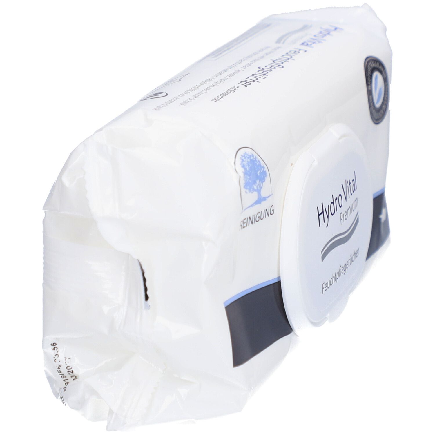 Paquet blanc de lingettes humides. Inscription "Hydro Vital Premium Feuchtpflegetücher" sur l'emballage.