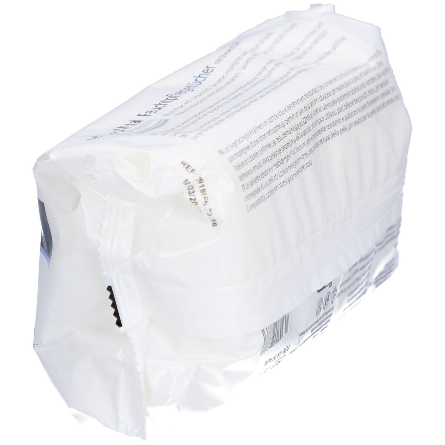 Paquet blanc avec texte. Impressions en plusieurs langues.