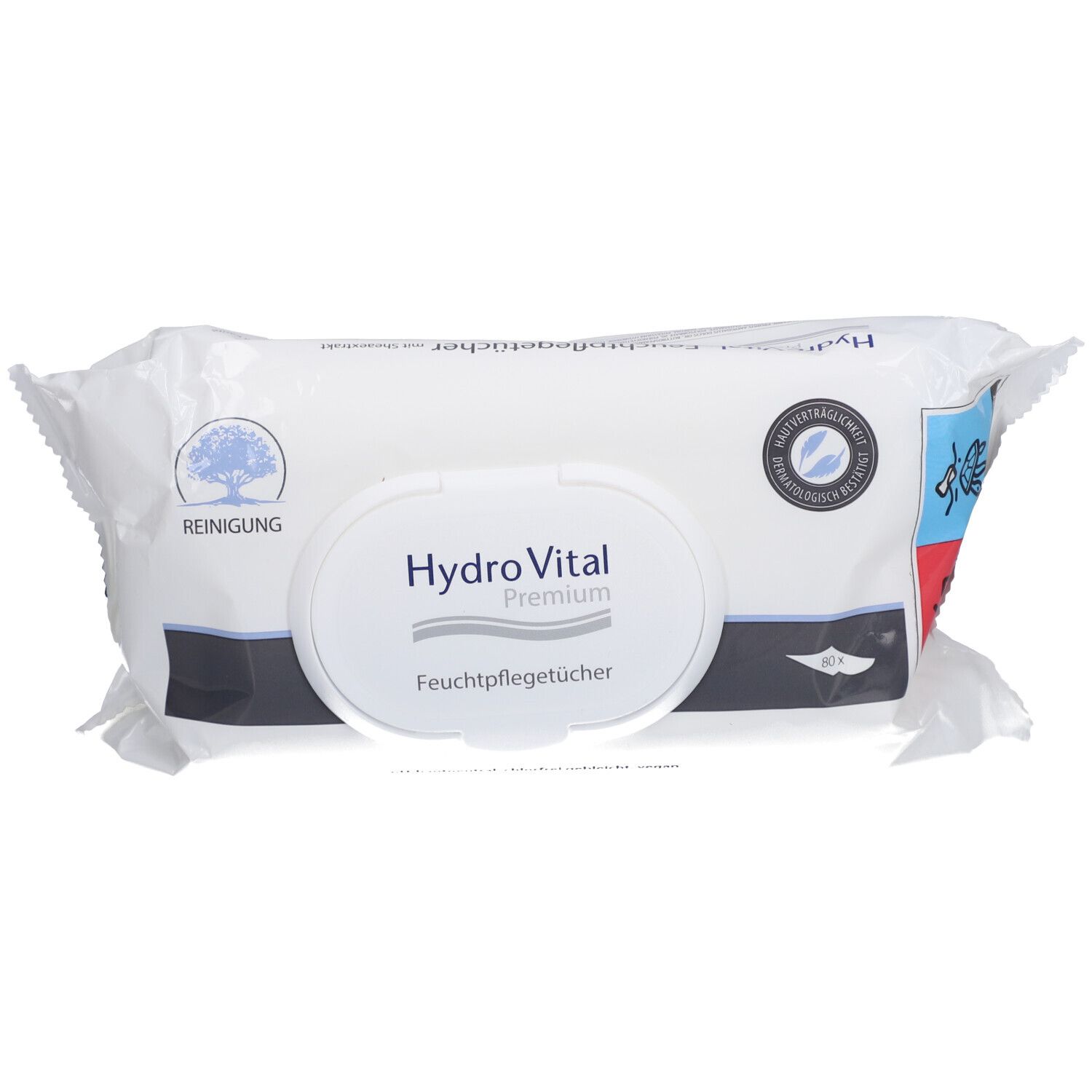 Paquet blanc de lingettes humides. Inscription "Hydro Vital Premium Feuchtpflegetücher" sur l'emballage.