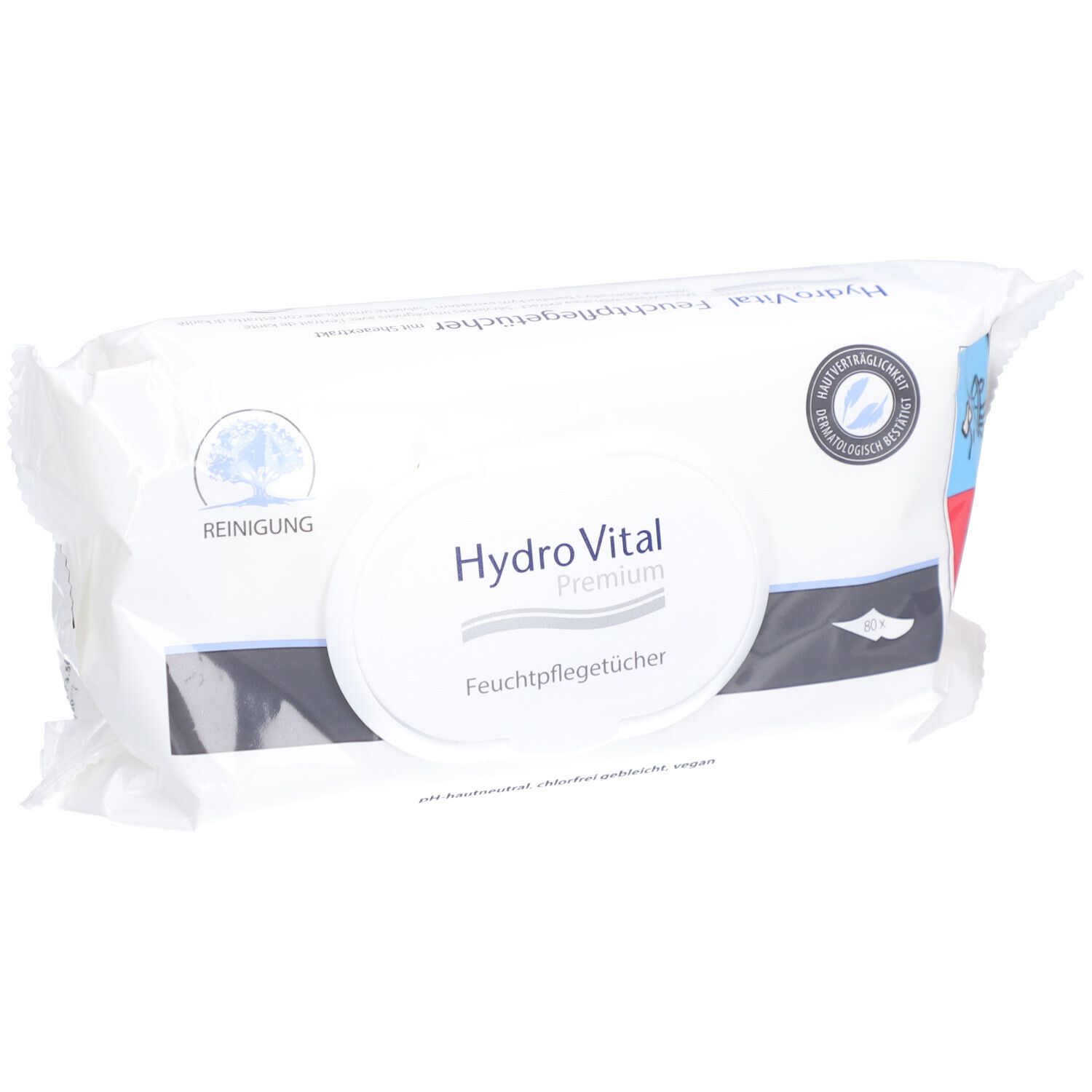 Paquet blanc de lingettes humides. Inscription "Hydro Vital Premium Feuchtpflegetücher" sur l'emballage.