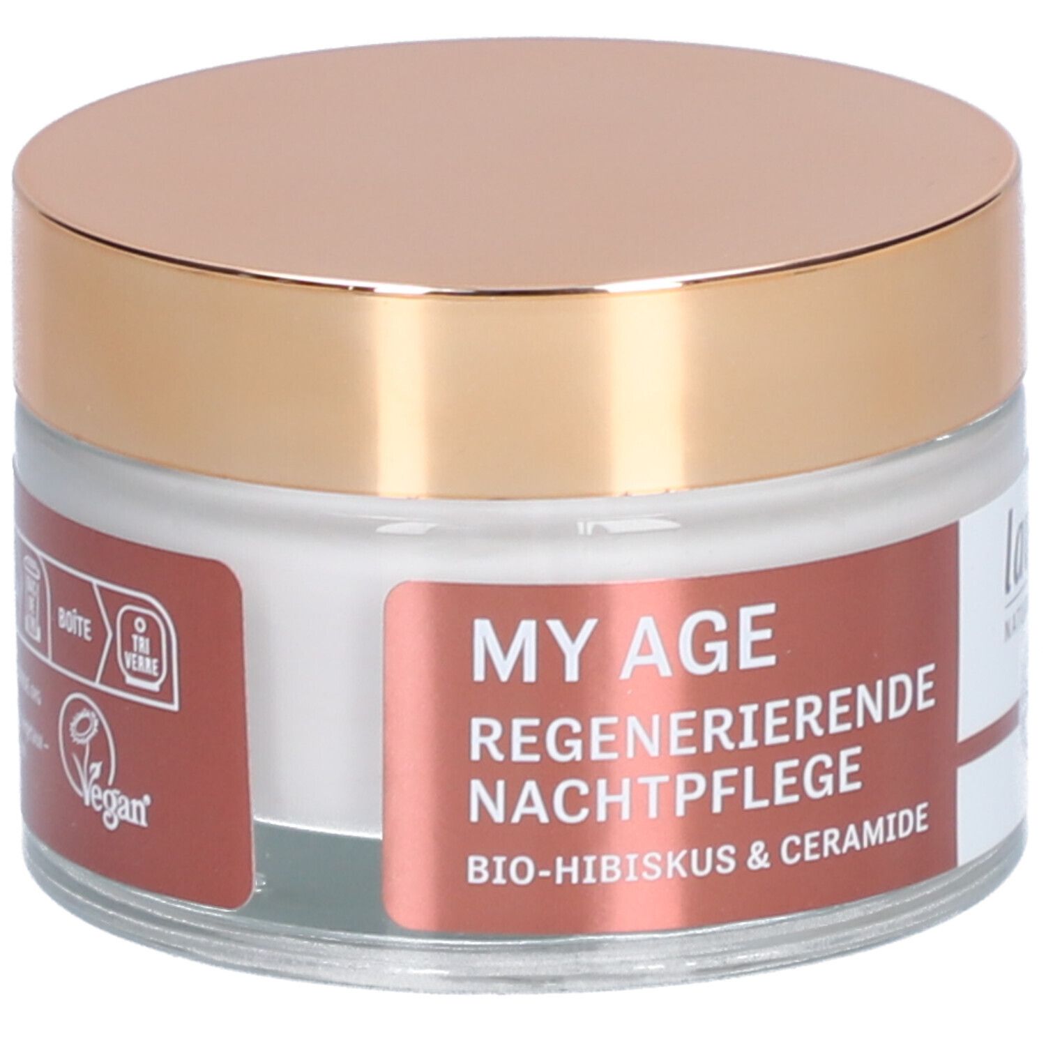 Pot de crème avec couvercle doré. Inscription : MY AGE Soin de nuit régénérant, Bio-Hibiscus & Céramides. Logo vegan.