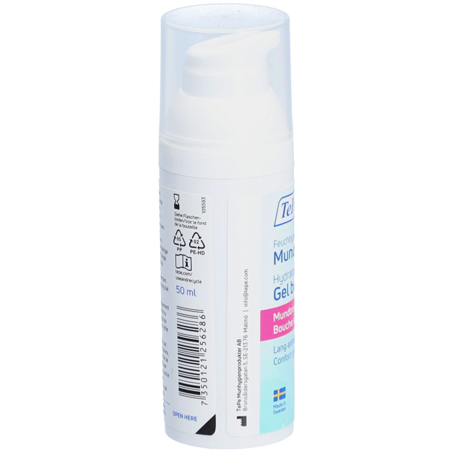 Flacon blanc avec bouchon transparent. Dos avec informations et code-barres. Inscription: 50 ml. Symboles de recyclage.