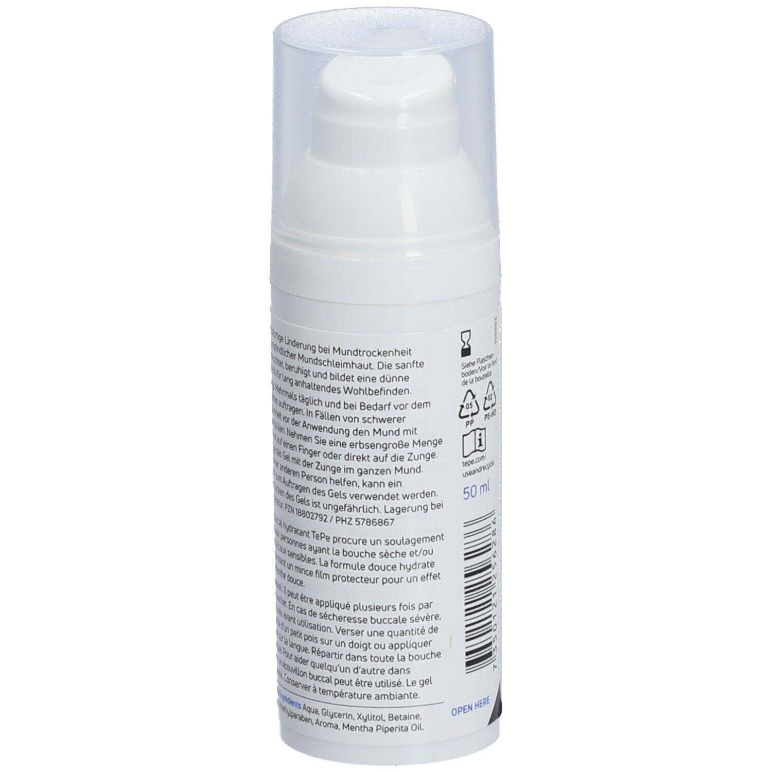 Flacon blanc avec bouchon transparent. Texte au dos. Symboles de recyclage. Inscription: 50 ml.