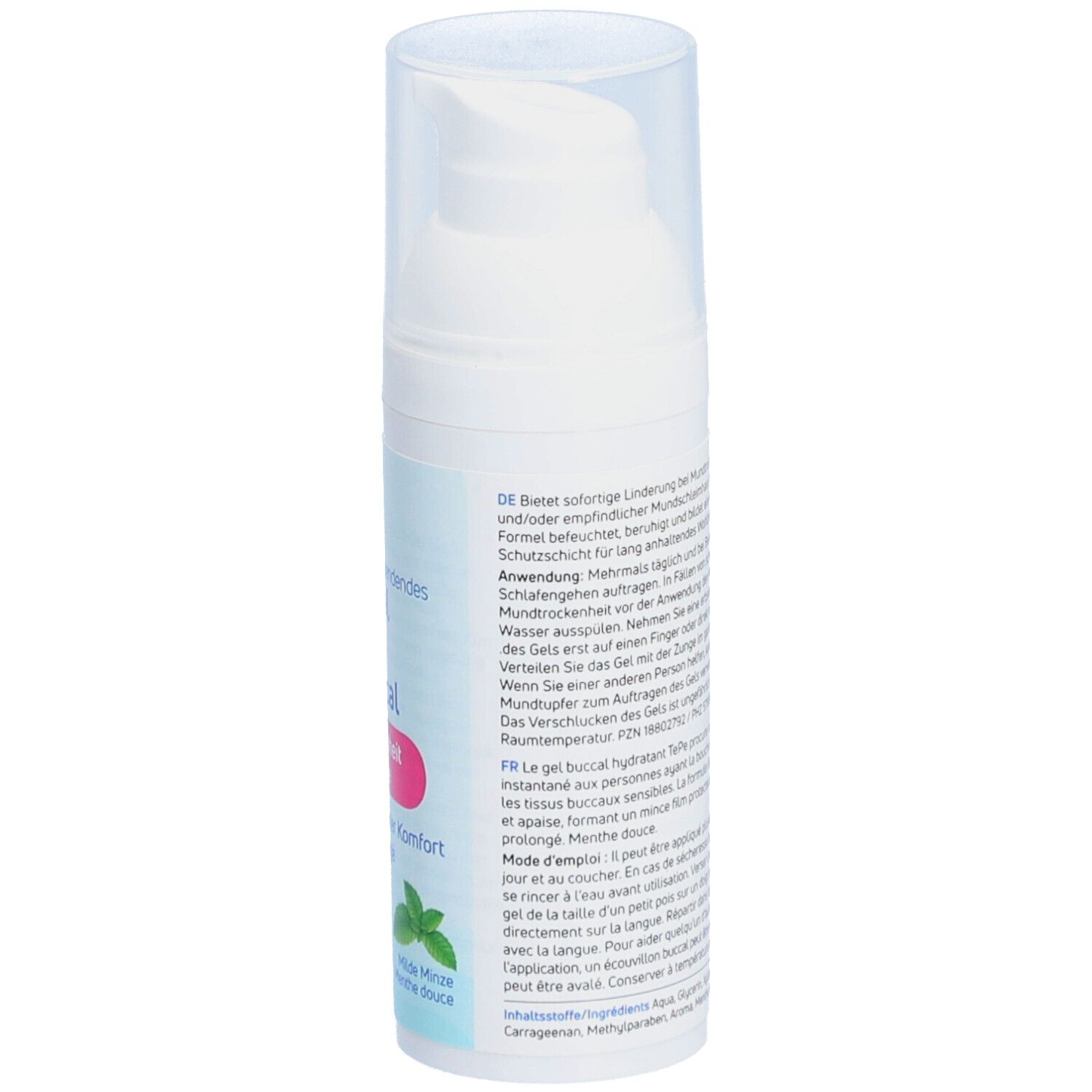 Flacon blanc avec bouchon transparent. Texte au dos. Inscription: 50 ml. Ingrédients.