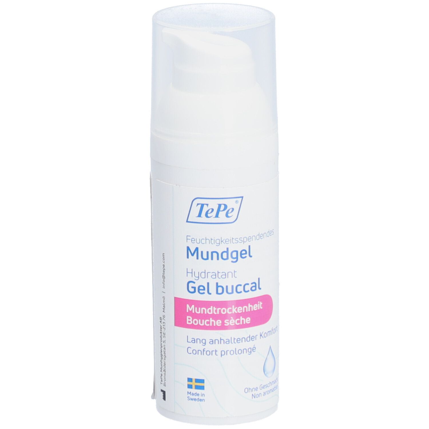 Distributeur blanc avec inscription TePe, Mundgel, Hydratant, Gel buccal. Étiquette rose avec texte. Couvercle transparent.